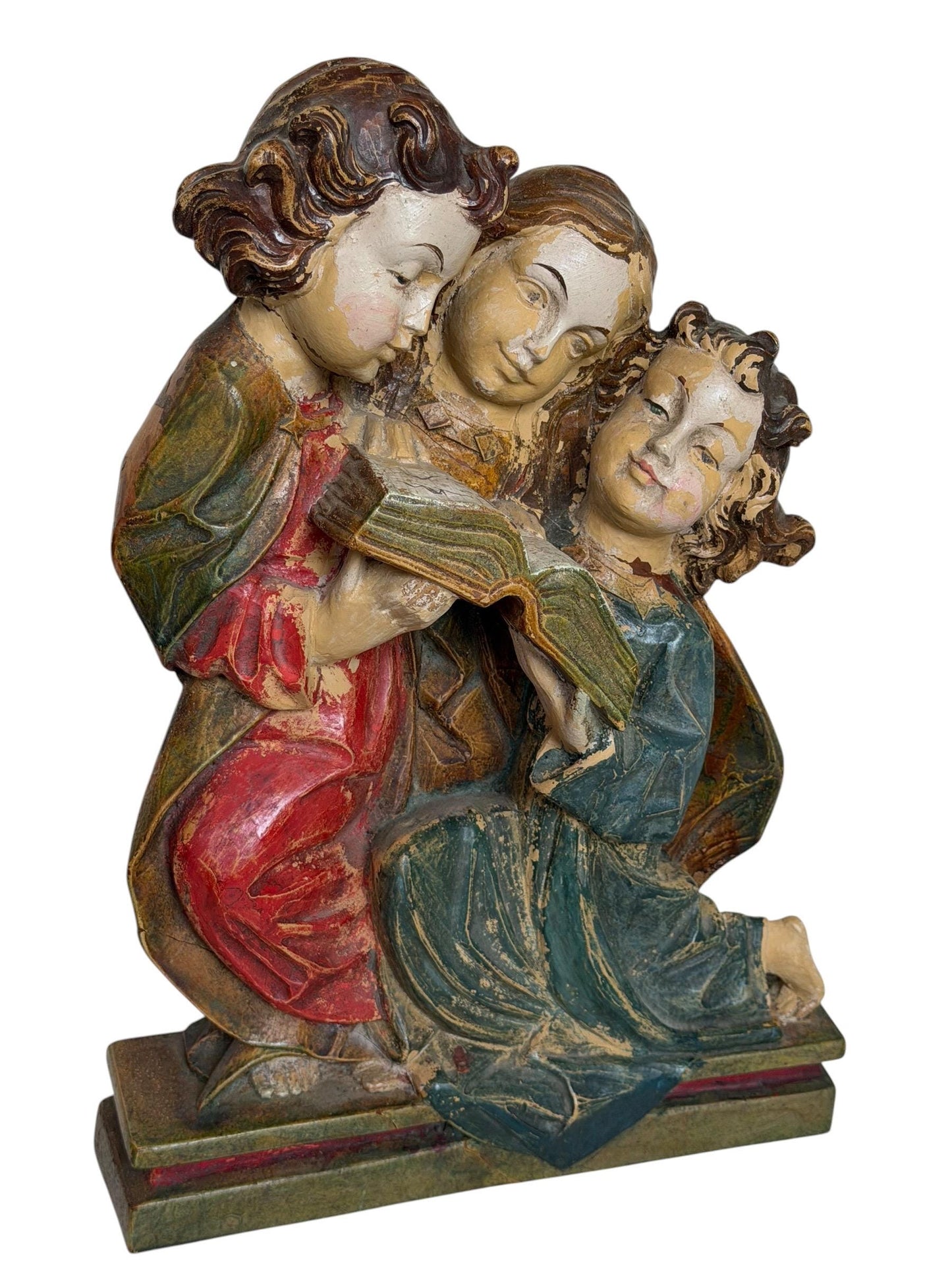 Antique Wood church figure of 3 girl reading choir book or bible - bavaria woodcarving - Alp school, 19th