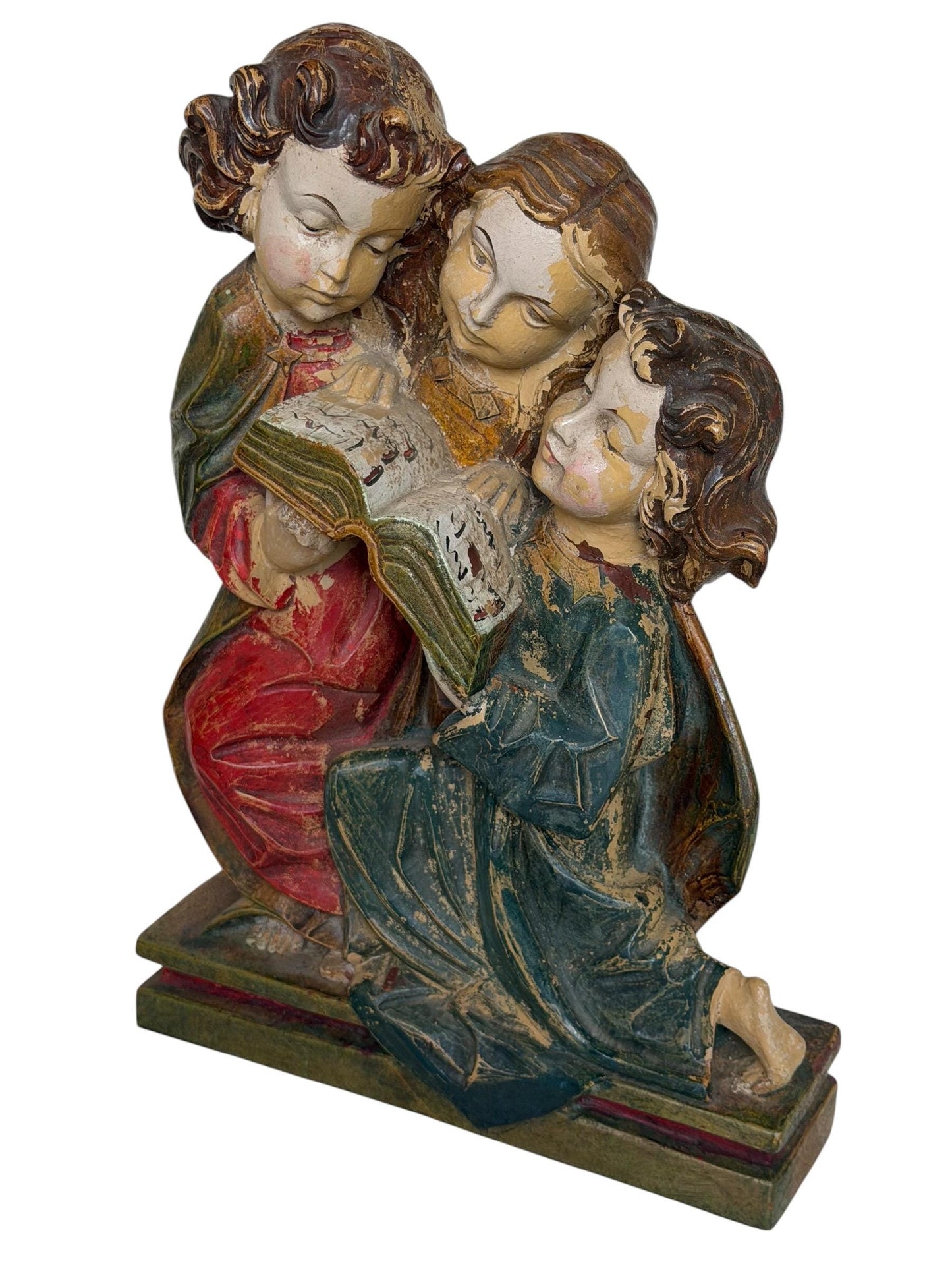 Antique Wood church figure of 3 girl reading choir book or bible - bavaria woodcarving - Alp school, 19th