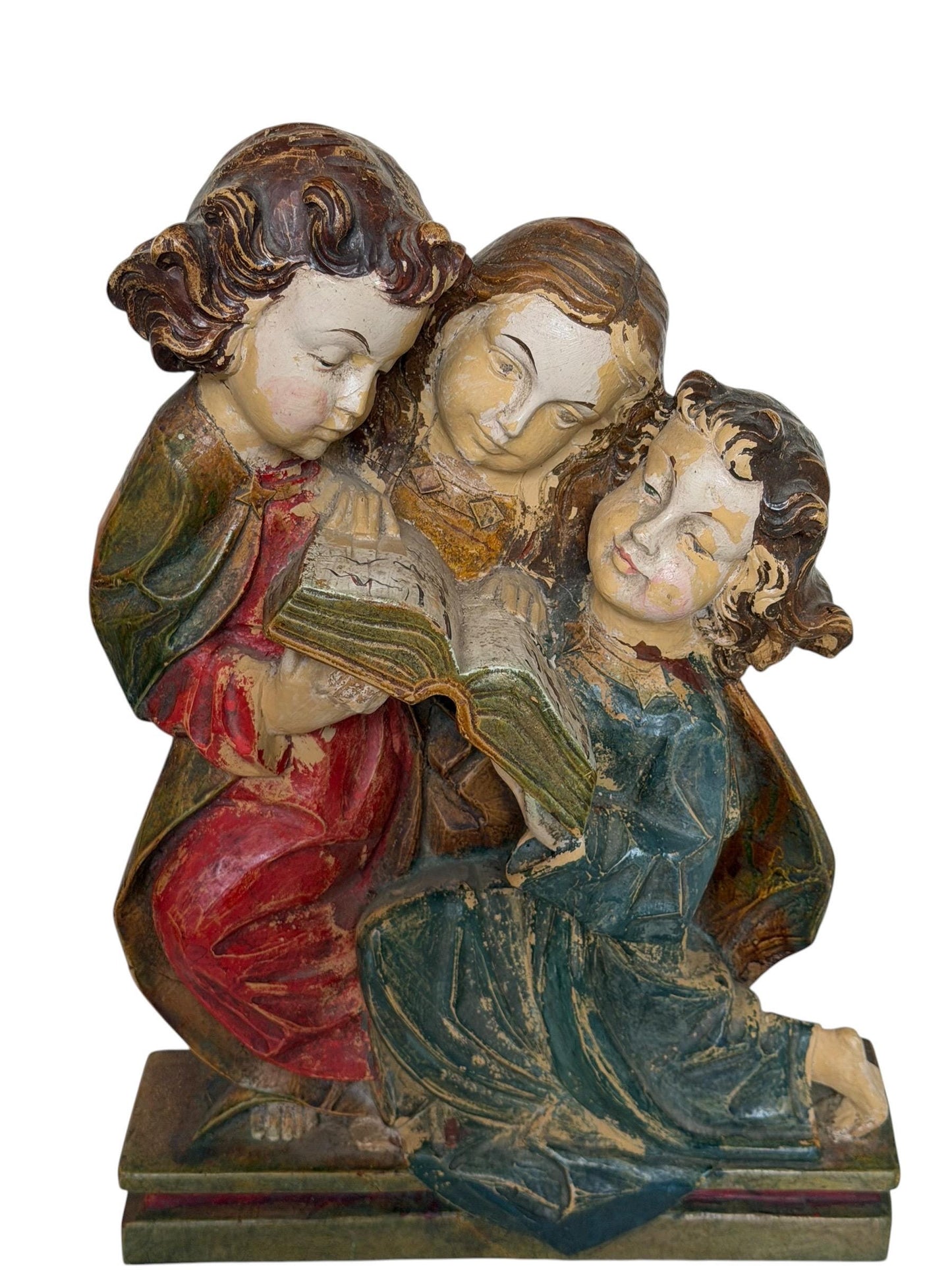 Antique Wood church figure of 3 girl reading choir book or bible - bavaria woodcarving - Alp school, 19th