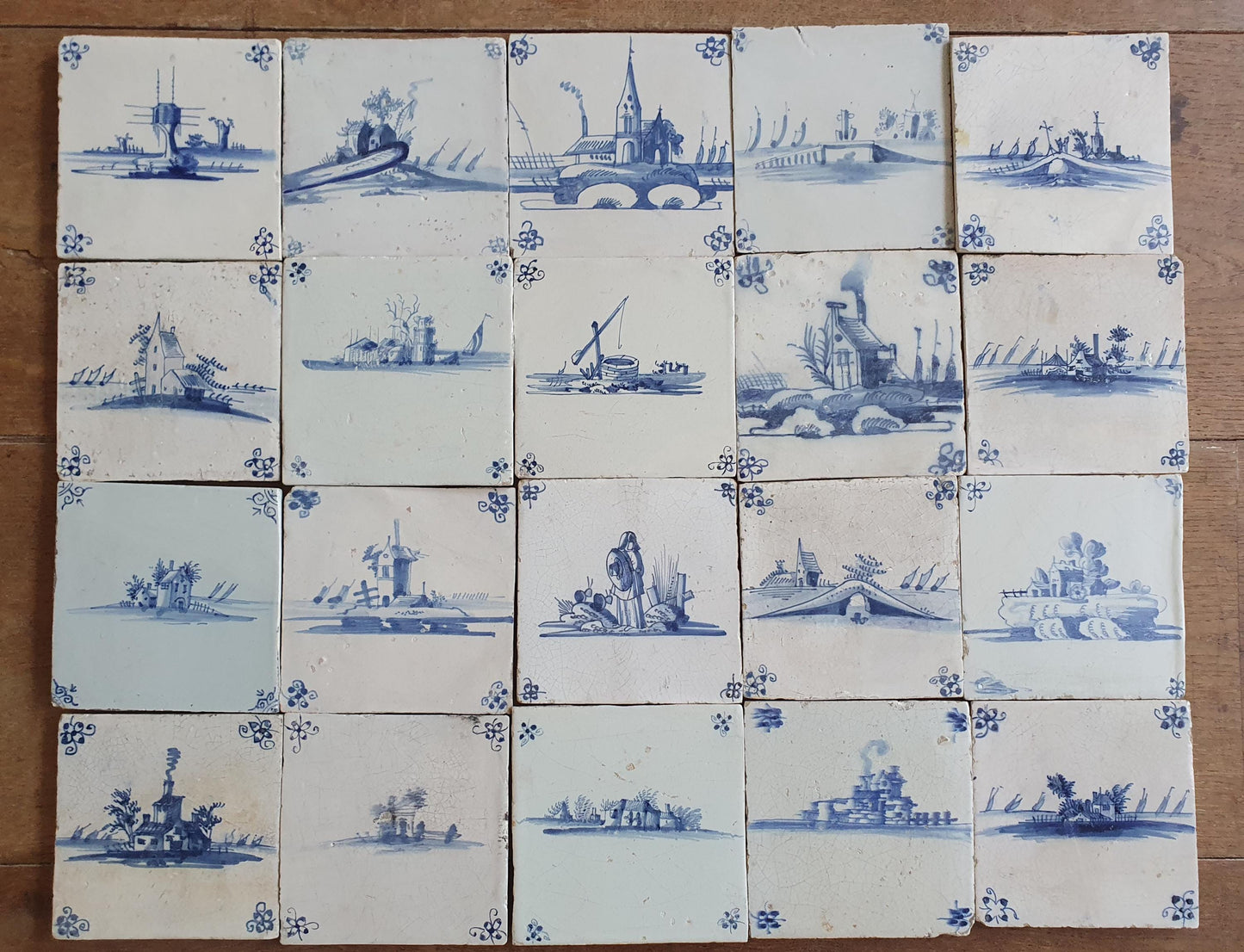 20 x Antique Delft landscape Tiles, 17th Century Dutch Wall Decor.
