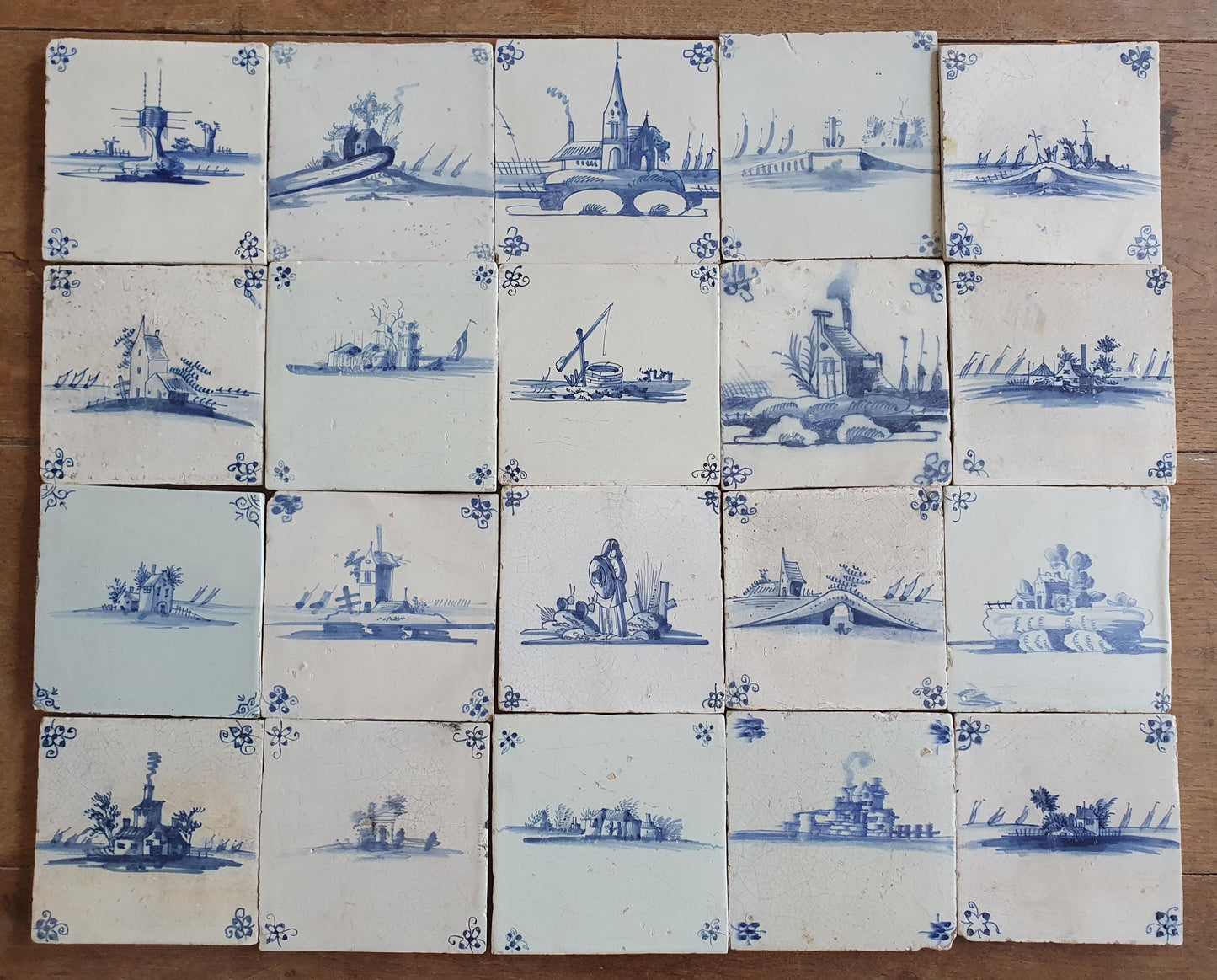 20 x Antique Delft landscape Tiles, 17th Century Dutch Wall Decor.