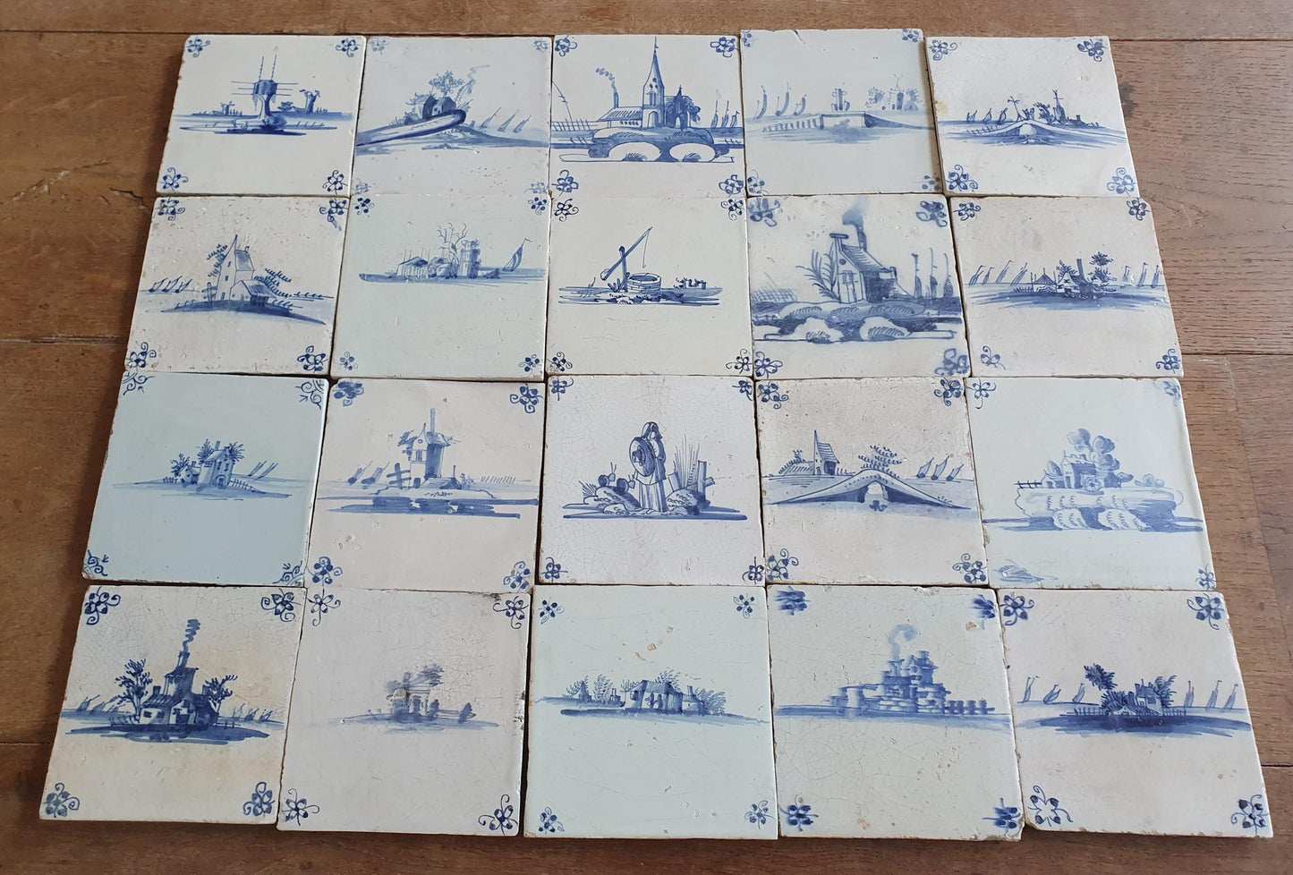 20 x Antique Delft landscape Tiles, 17th Century Dutch Wall Decor.