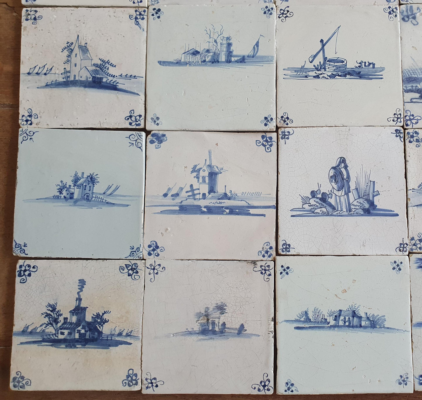 20 x Antique Delft landscape Tiles, 17th Century Dutch Wall Decor.