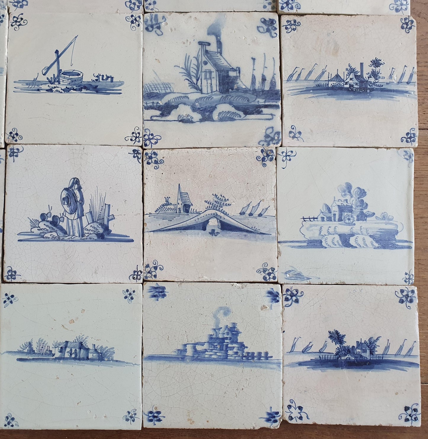 20 x Antique Delft landscape Tiles, 17th Century Dutch Wall Decor.