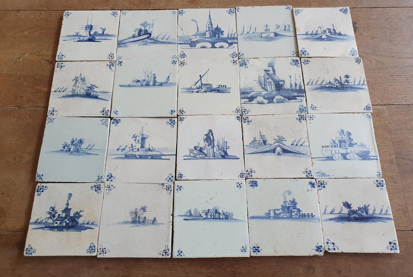 20 x Antique Delft landscape Tiles, 17th Century Dutch Wall Decor.