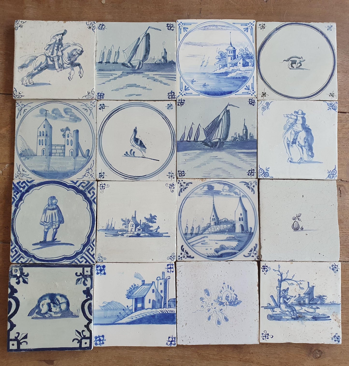 16 x Antique Delft Mix Tiles, 17th-18th and 19th Century Dutch Wall Decor.