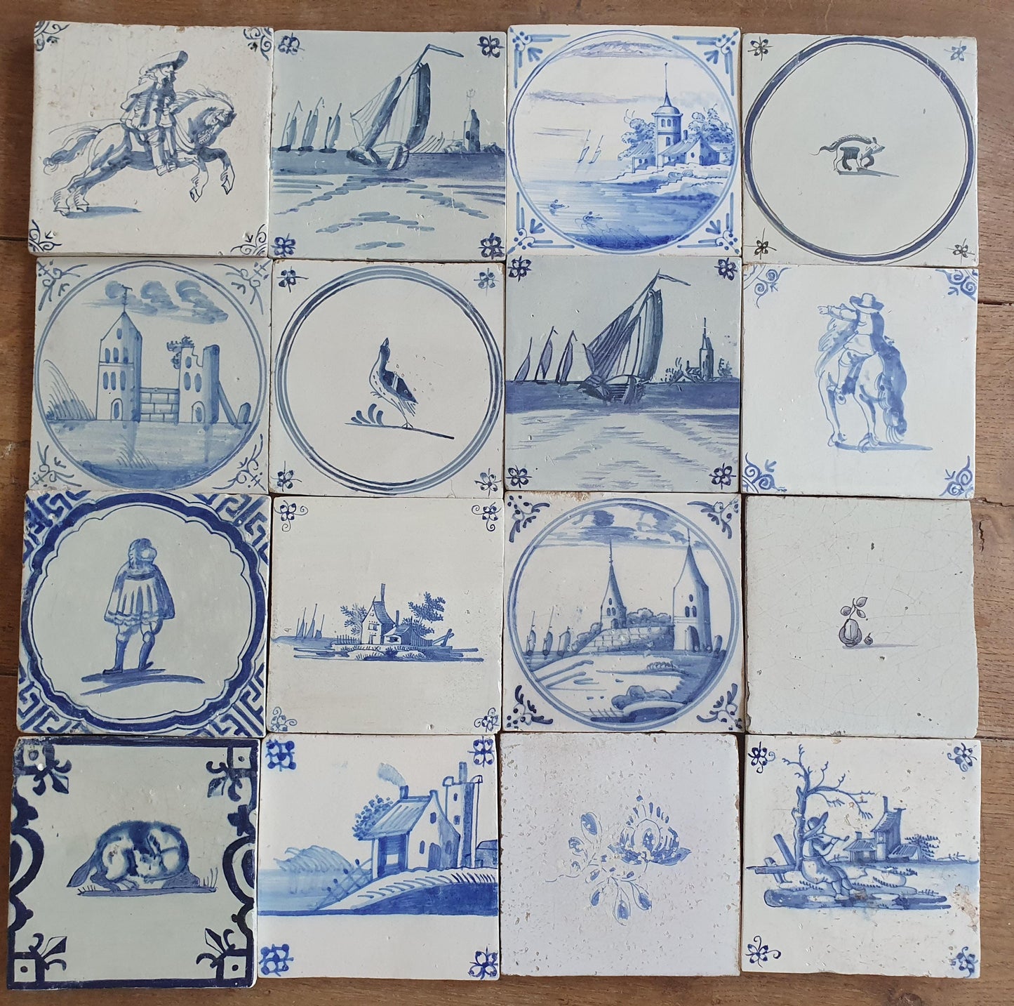 16 x Antique Delft Mix Tiles, 17th-18th and 19th Century Dutch Wall Decor.