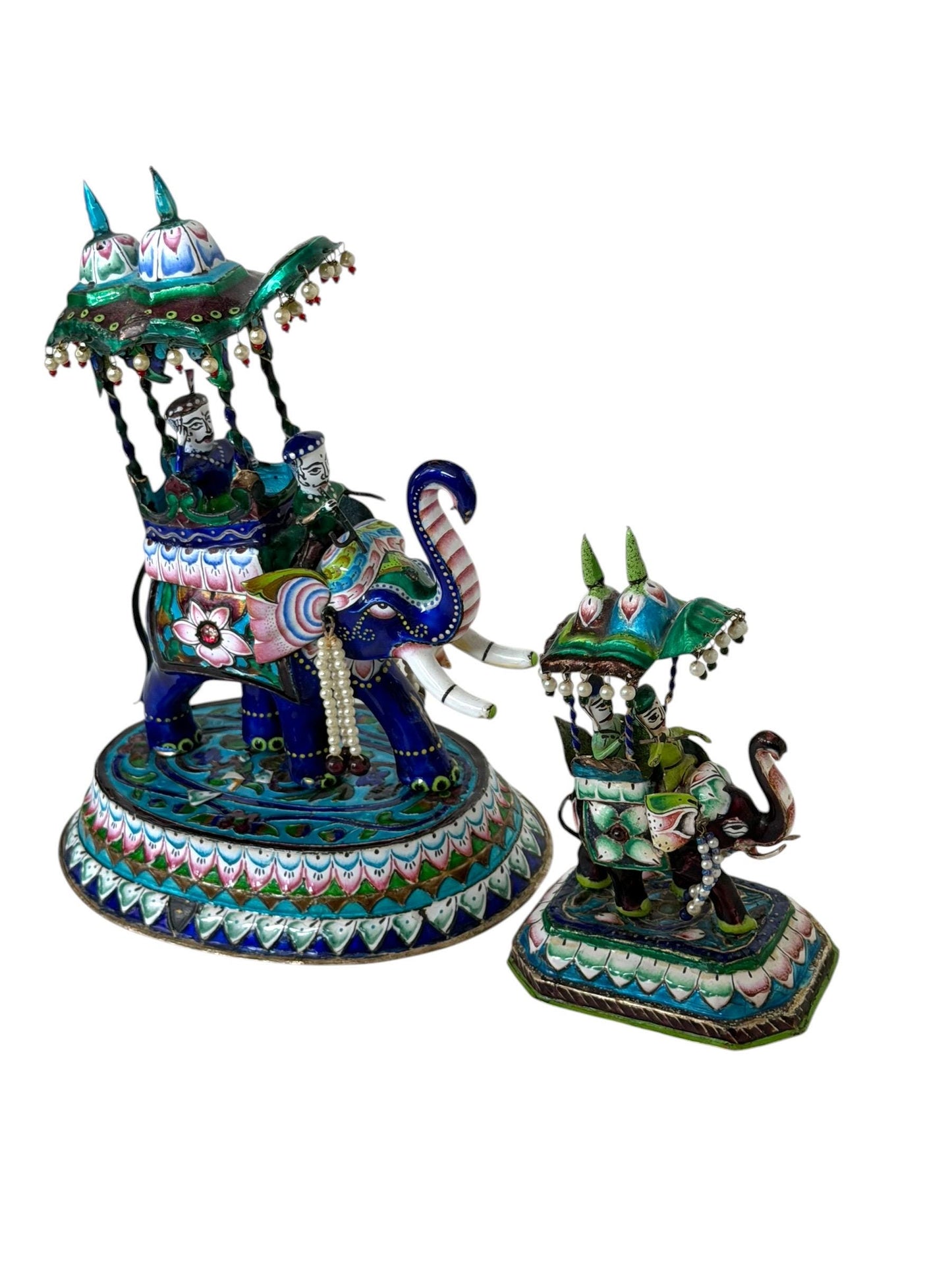 jaipur silver and enamel antique elephants, 1st half 20th meenakari india period antique vintage