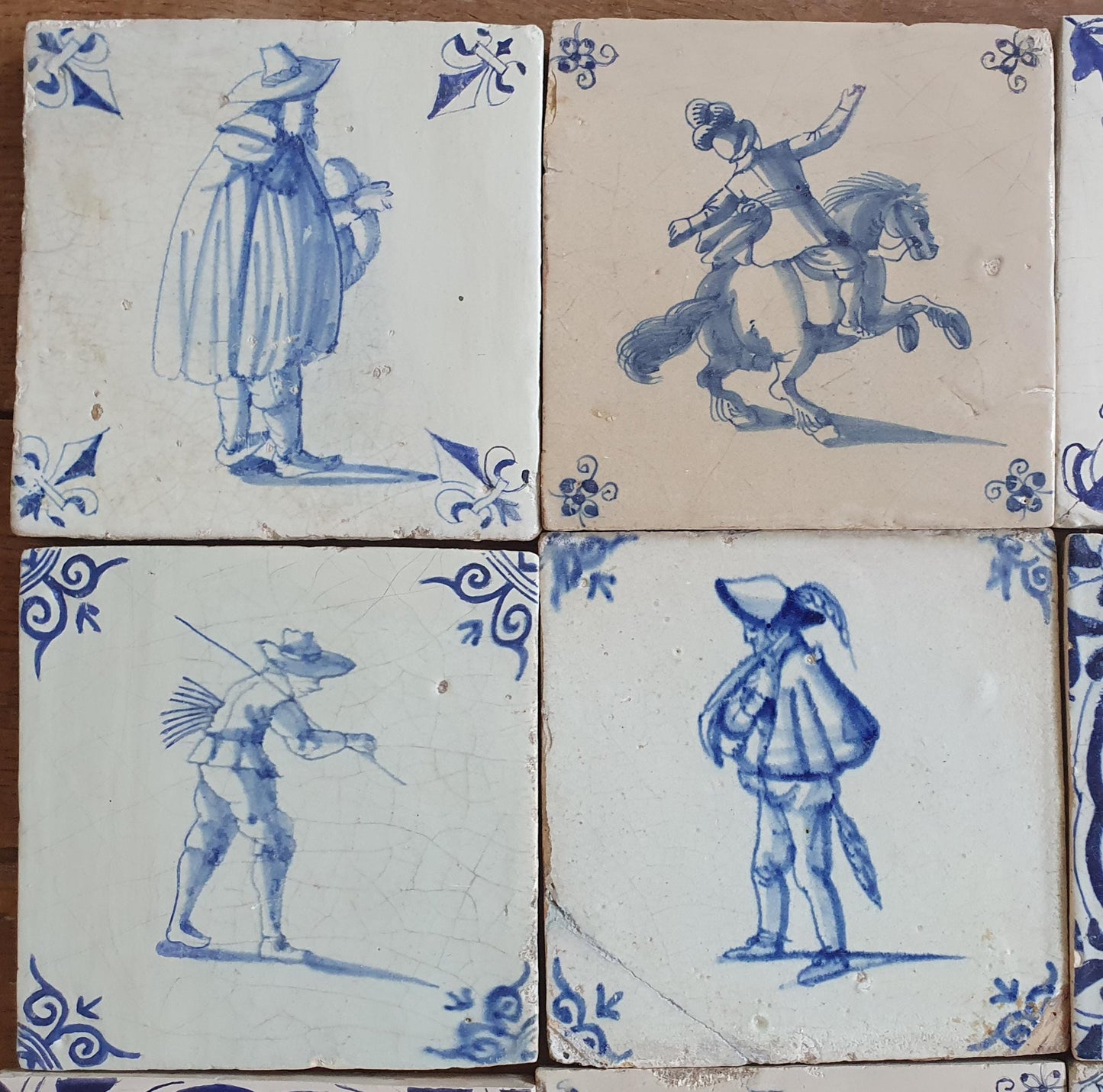 12 x Antique Delft Tiles - 1660-1660 People and Riders Design, Holland.