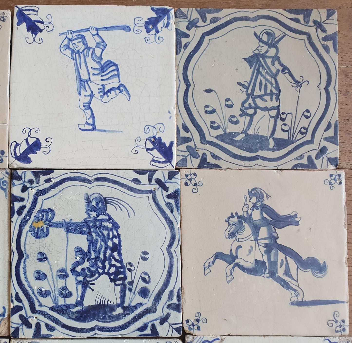 12 x Antique Delft Tiles - 1660-1660 People and Riders Design, Holland.