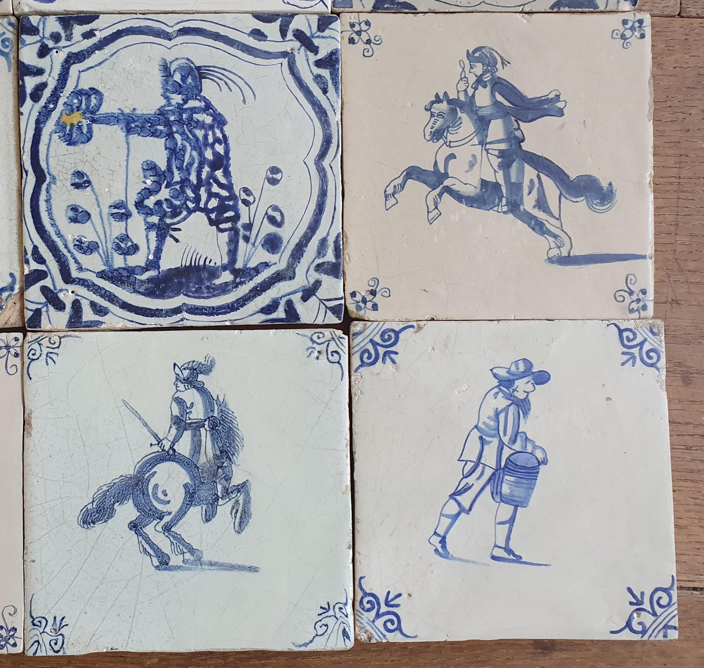 12 x Antique Delft Tiles - 1660-1660 People and Riders Design, Holland.