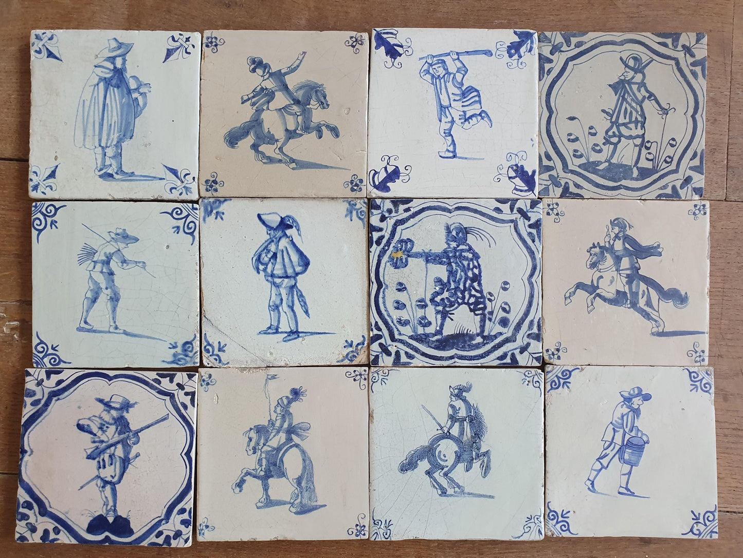 12 x Antique Delft Tiles - 1660-1660 People and Riders Design, Holland.