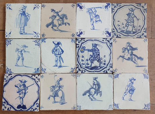 12 x Antique Delft Tiles - 1660-1660 People and Riders Design, Holland.