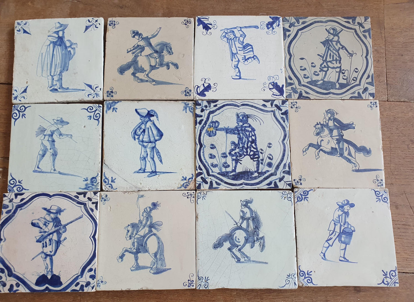 12 x Antique Delft Tiles - 1660-1660 People and Riders Design, Holland.