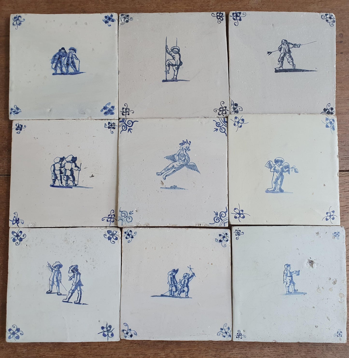 9 x Antique Delft Tiles - 1660-1660 People and Riders Design, Holland.