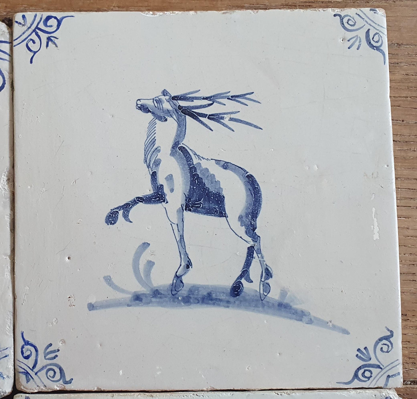 4 x Antique Delft Animal Tiles, 17th Century Dutch Wall Decor.