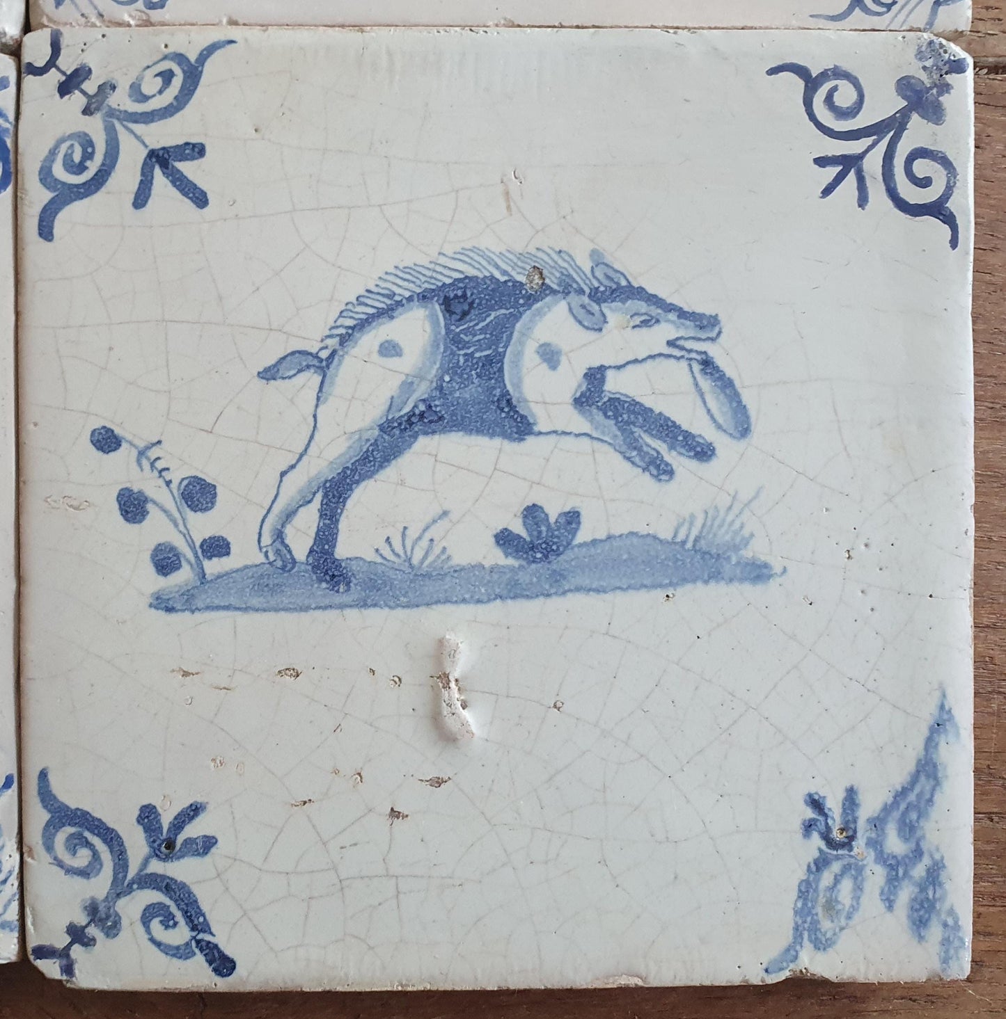 4 x Antique Delft Animal Tiles, 17th Century Dutch Wall Decor.