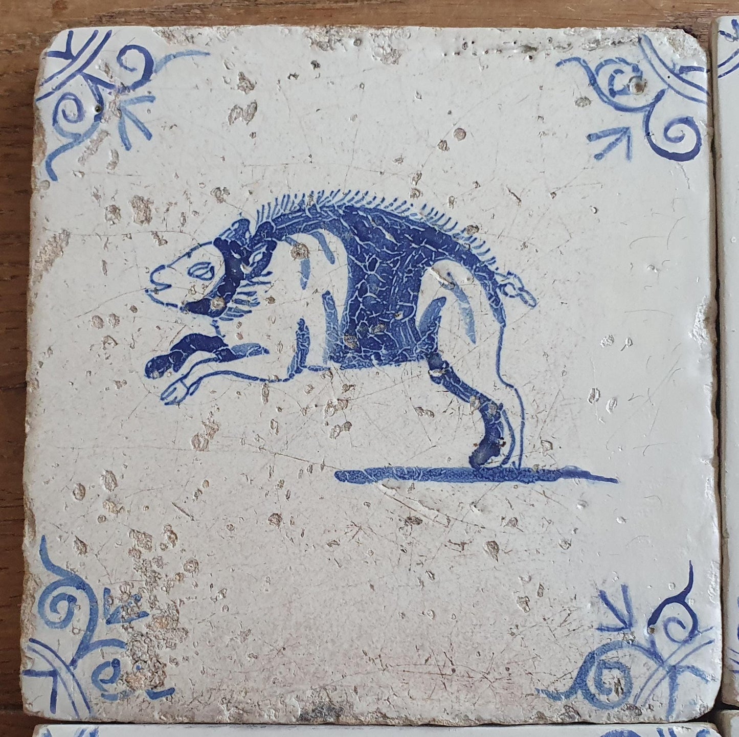 4 x Antique Delft Animal Tiles, 17th Century Dutch Wall Decor.
