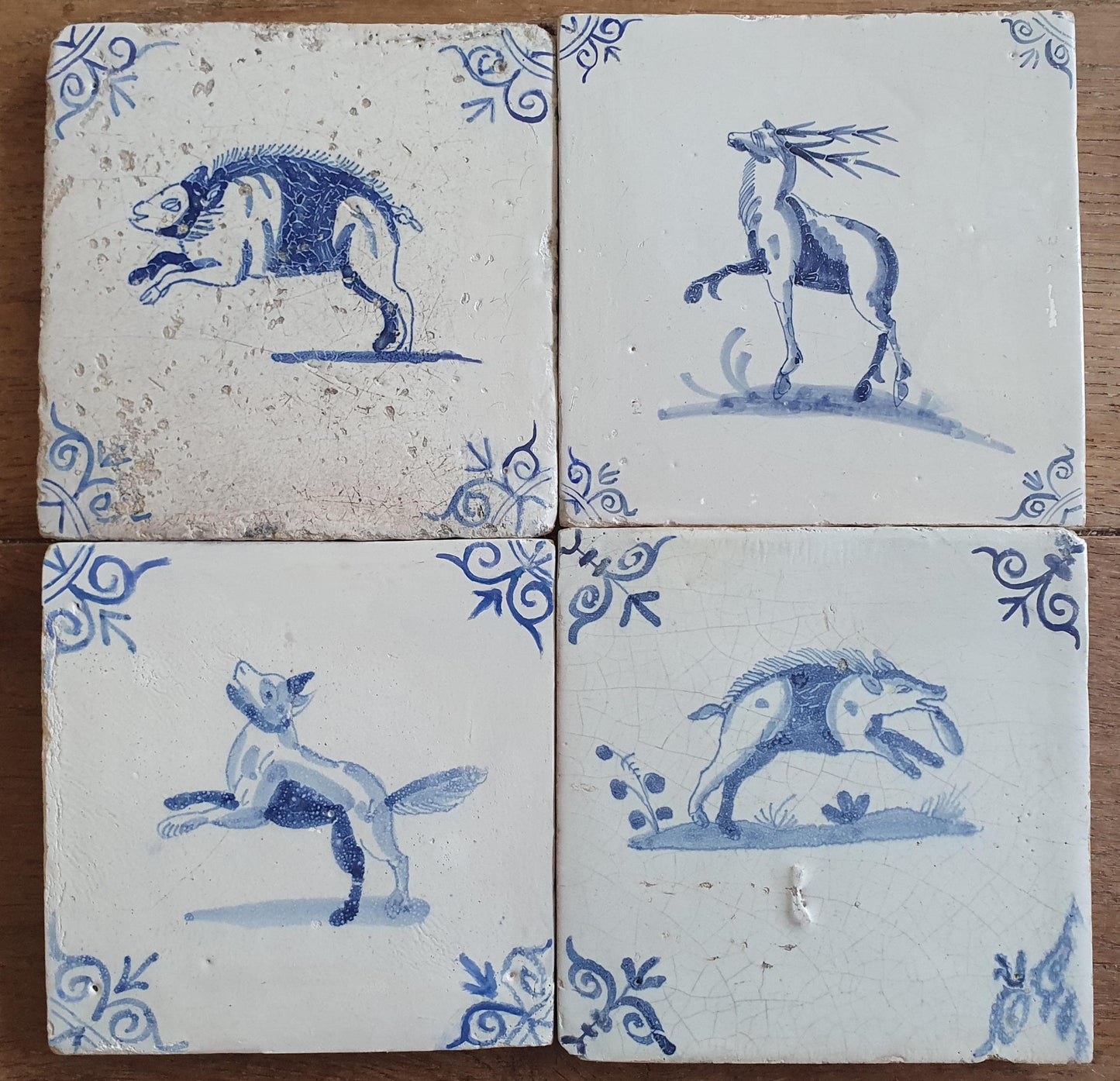 4 x Antique Delft Animal Tiles, 17th Century Dutch Wall Decor.