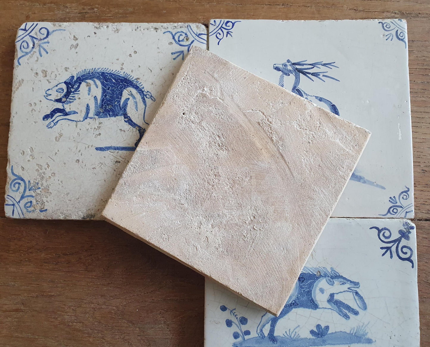4 x Antique Delft Animal Tiles, 17th Century Dutch Wall Decor.