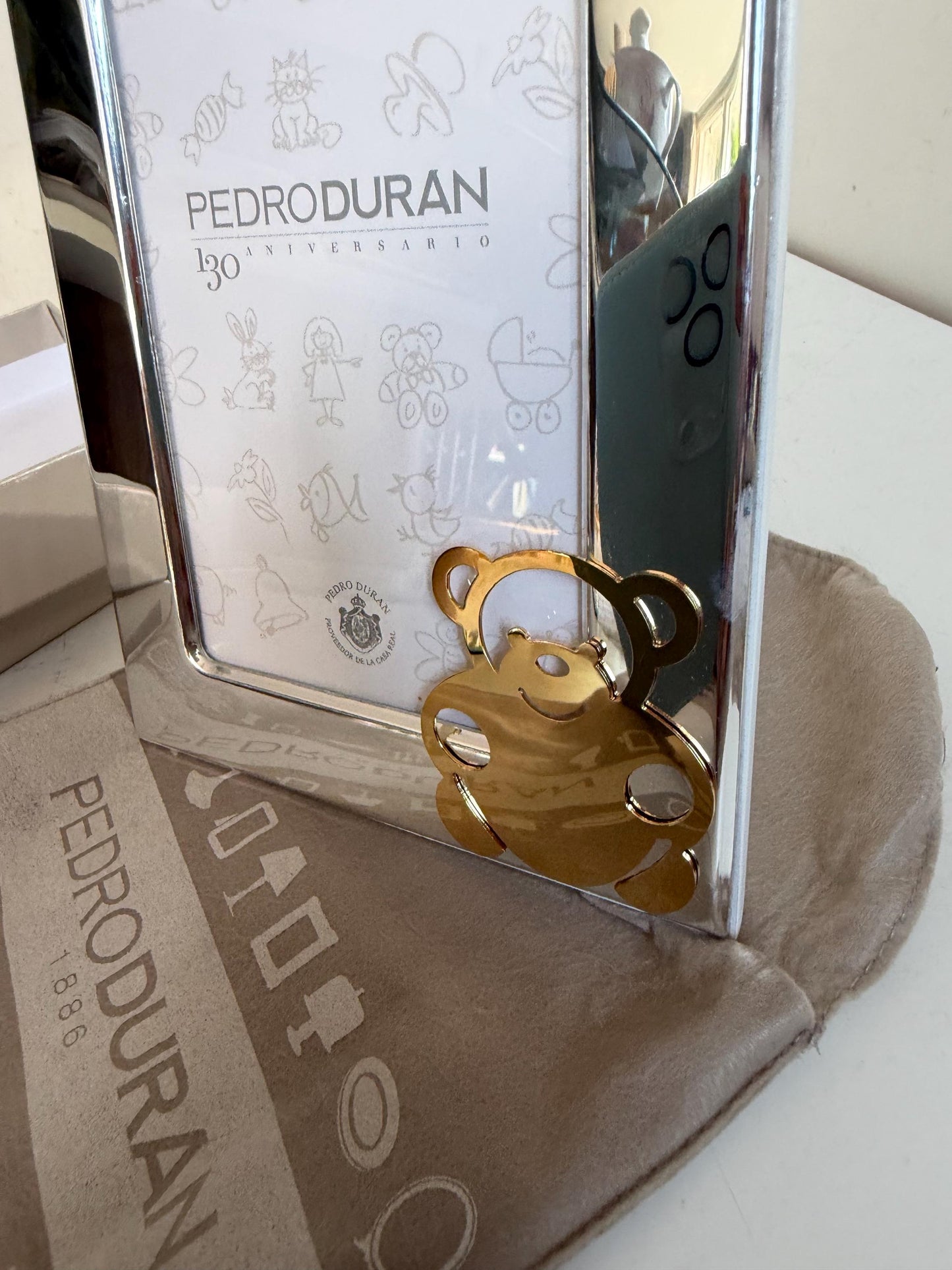 Pedro Duran silver and gold vintage spanish baby photoframe, boxed newborn shower christening gift luxury exlusives. Bear