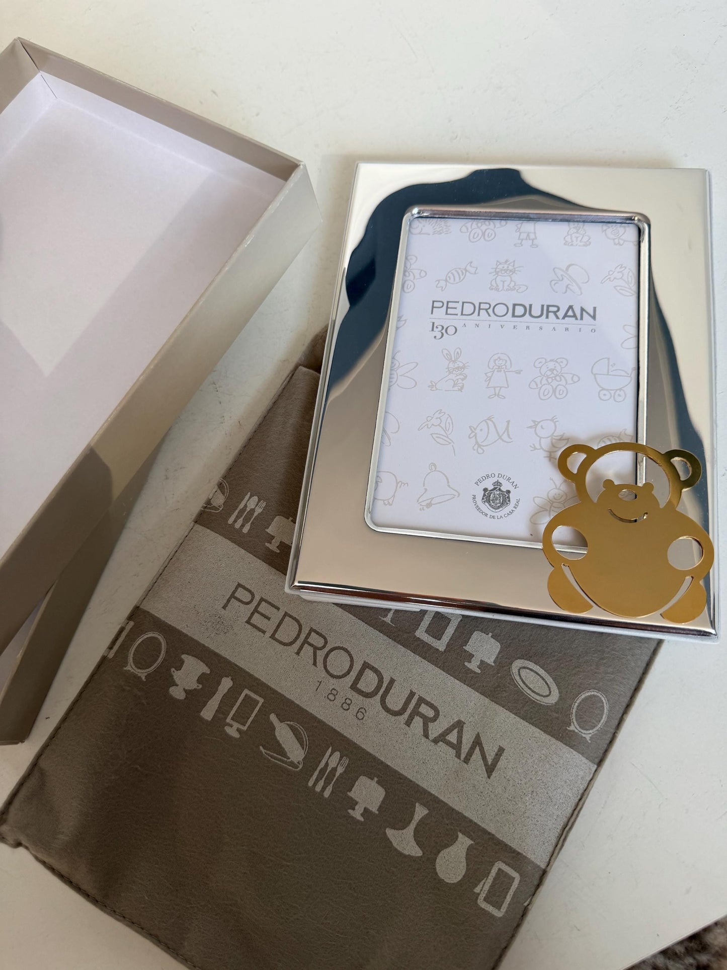 Pedro Duran silver and gold vintage spanish baby photoframe, boxed newborn shower christening gift luxury exlusives. Bear