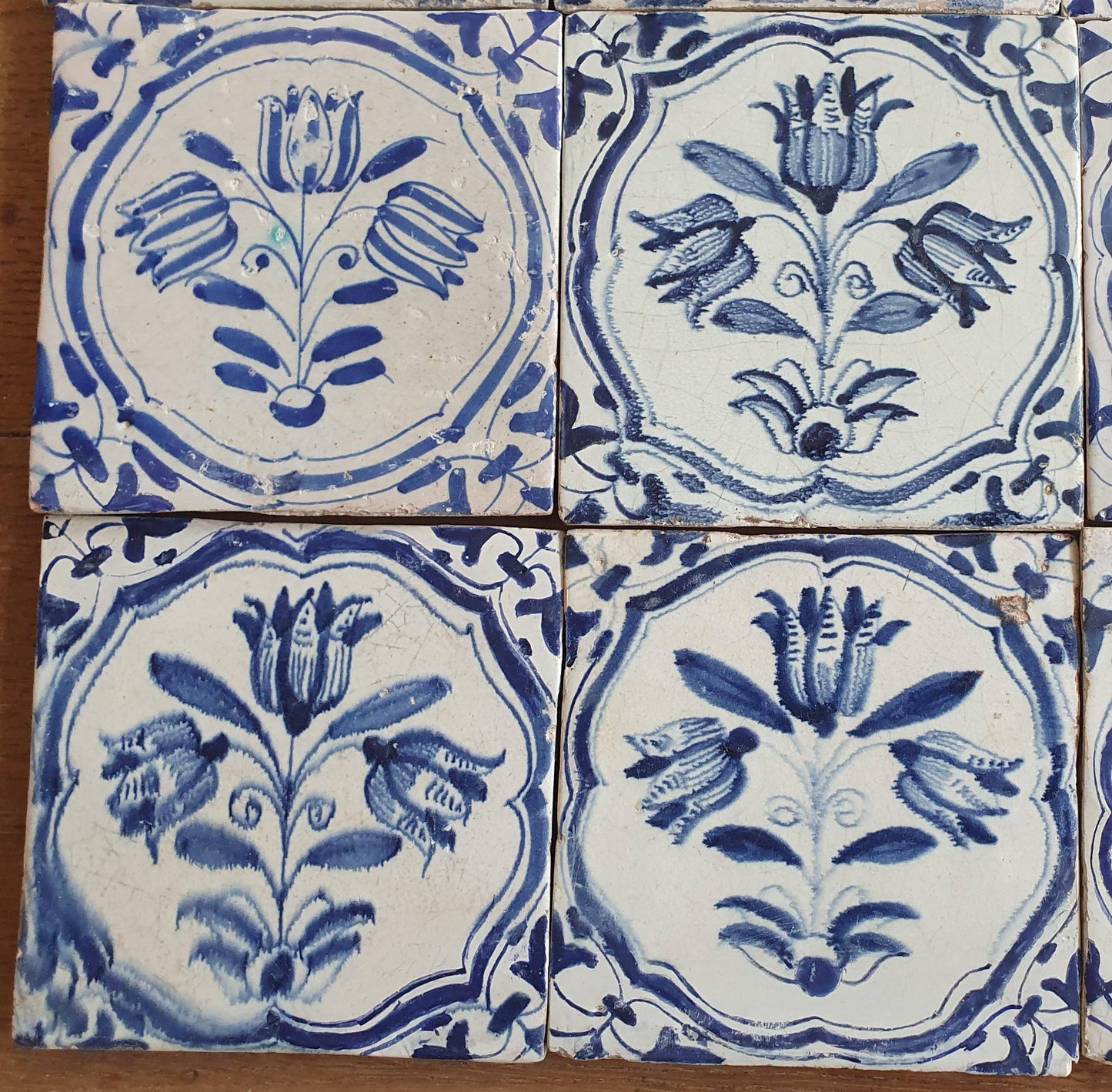 12 x Antique Delft flowers Tiles, 17th Century Dutch Wall Decor.