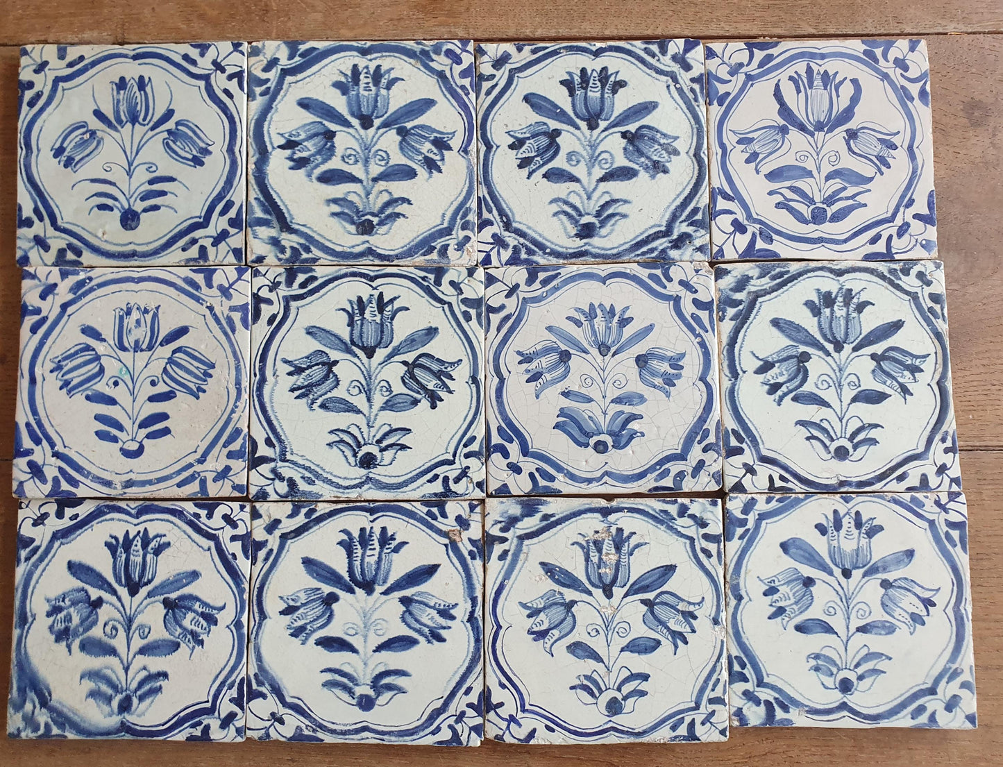 12 x Antique Delft flowers Tiles, 17th Century Dutch Wall Decor.