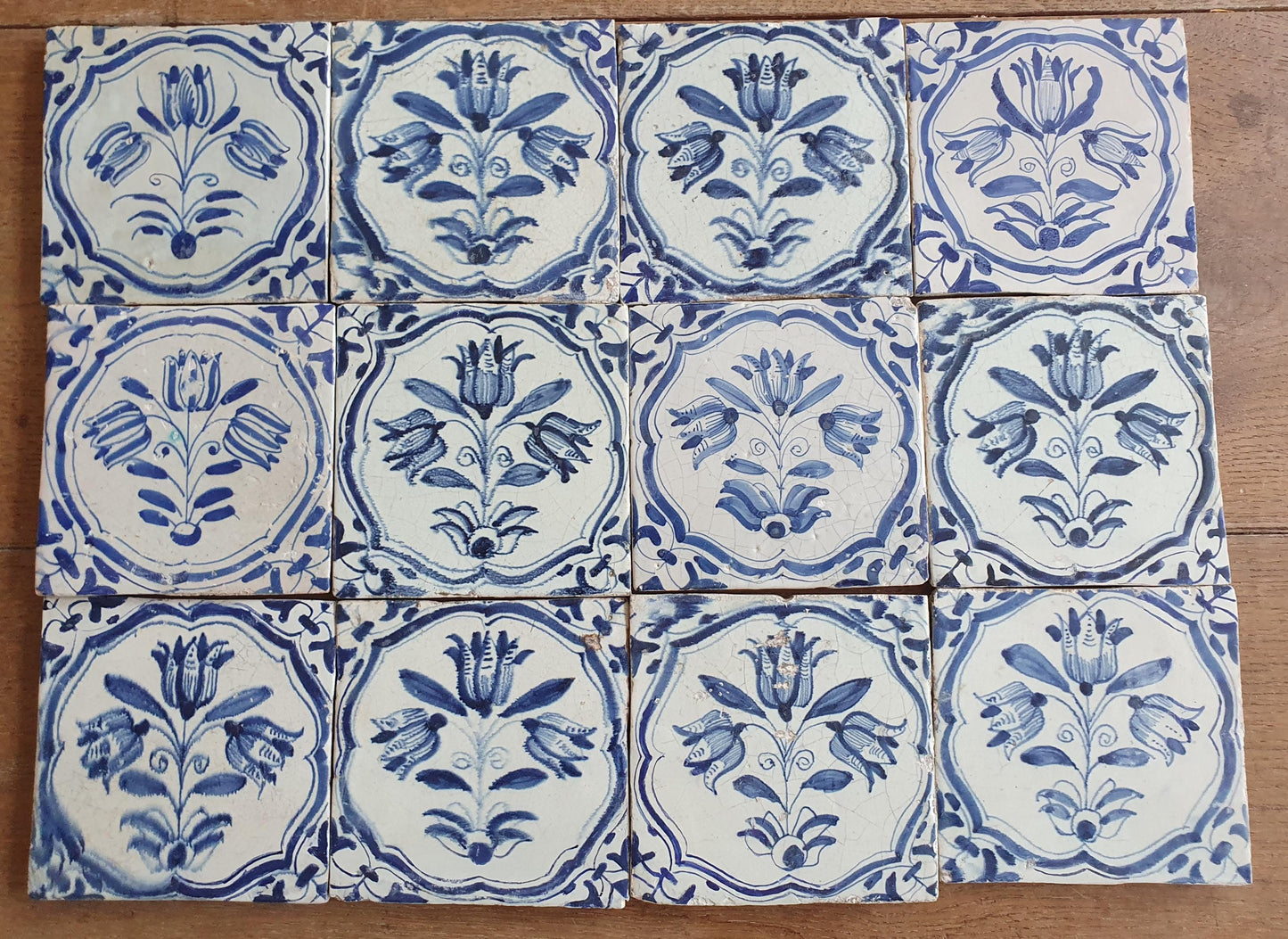12 x Antique Delft flowers Tiles, 17th Century Dutch Wall Decor.