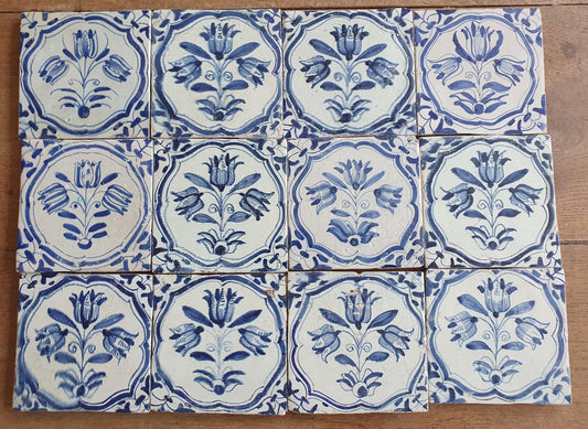 12 x Antique Delft flowers Tiles, 17th Century Dutch Wall Decor.