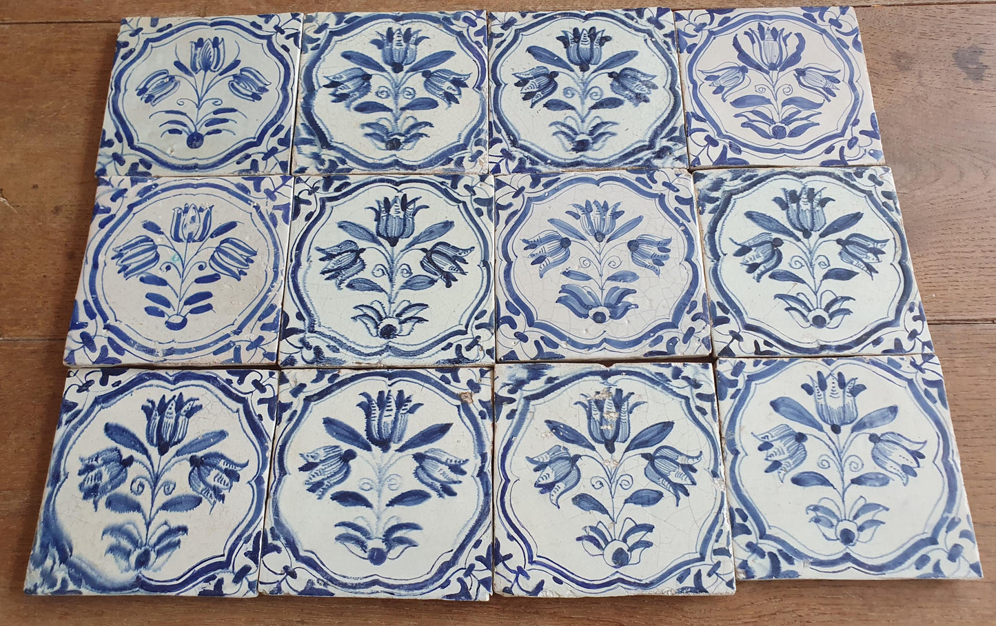 12 x Antique Delft flowers Tiles, 17th Century Dutch Wall Decor.