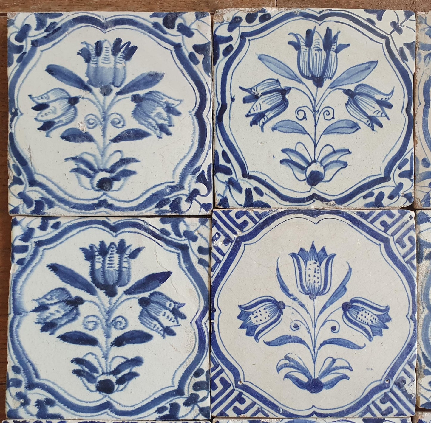 12 x Antique Delft flowers Tiles, 17th Century Dutch Wall Decor.