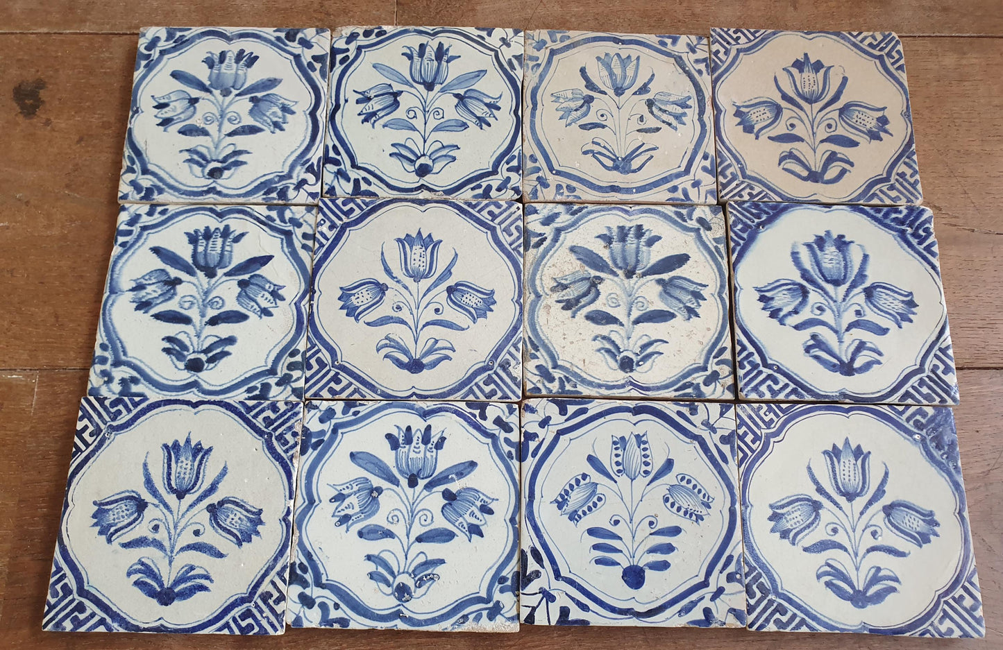 12 x Antique Delft flowers Tiles, 17th Century Dutch Wall Decor.