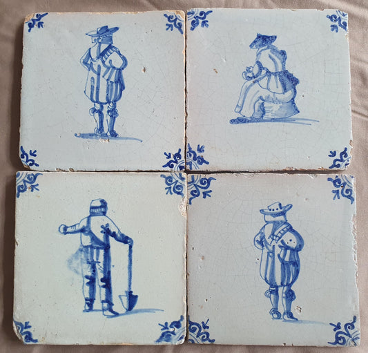 4 x Antique Delft Tiles - 1660-1660 People  Design, Holland.