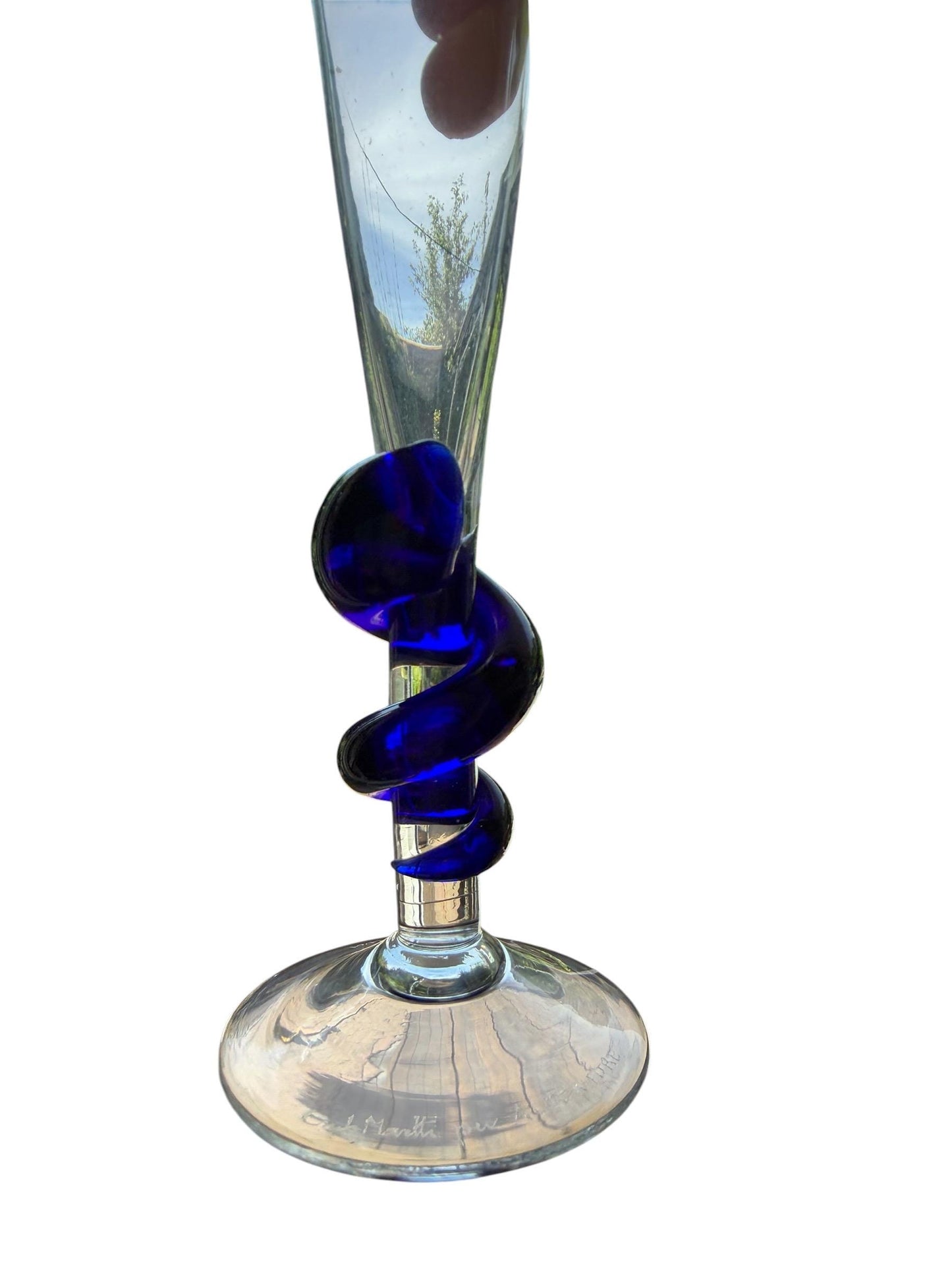 Carlo Moretti Murano Glass Champagne Flute, Hand Engraved, Rare, blue