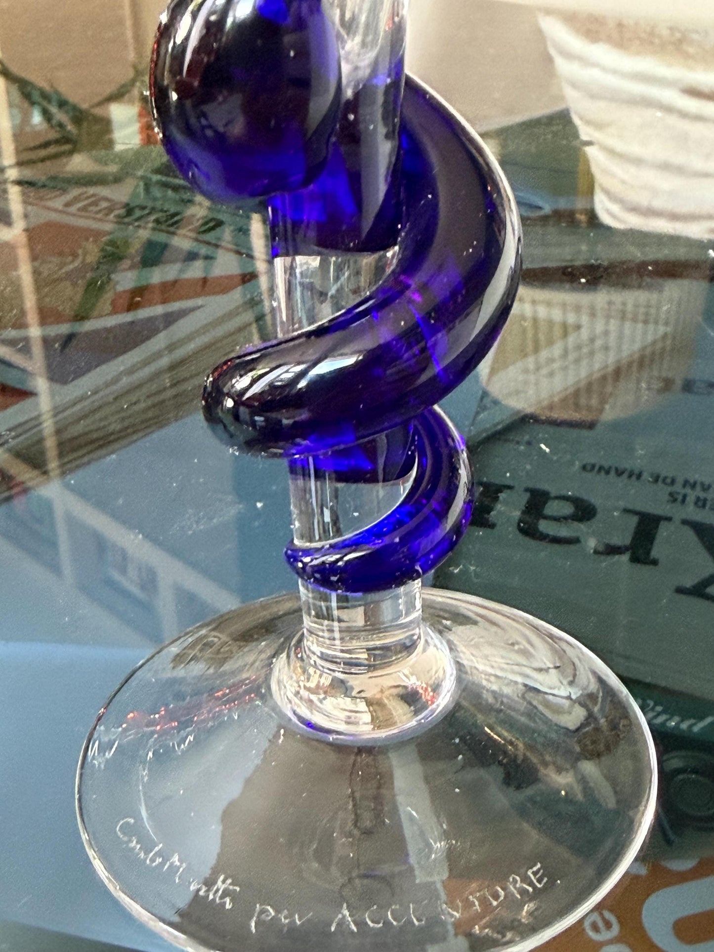 Carlo Moretti Murano Glass Champagne Flute, Hand Engraved, Rare, blue