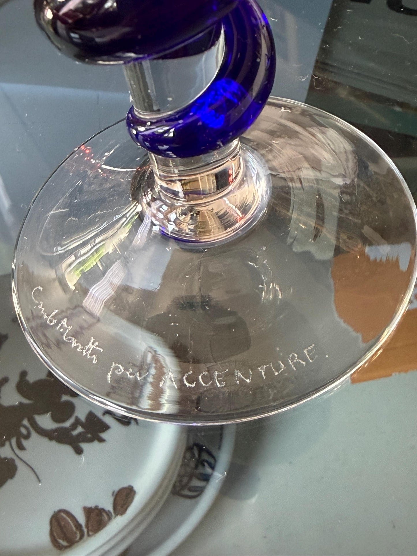 Carlo Moretti Murano Glass Champagne Flute, Hand Engraved, Rare, blue