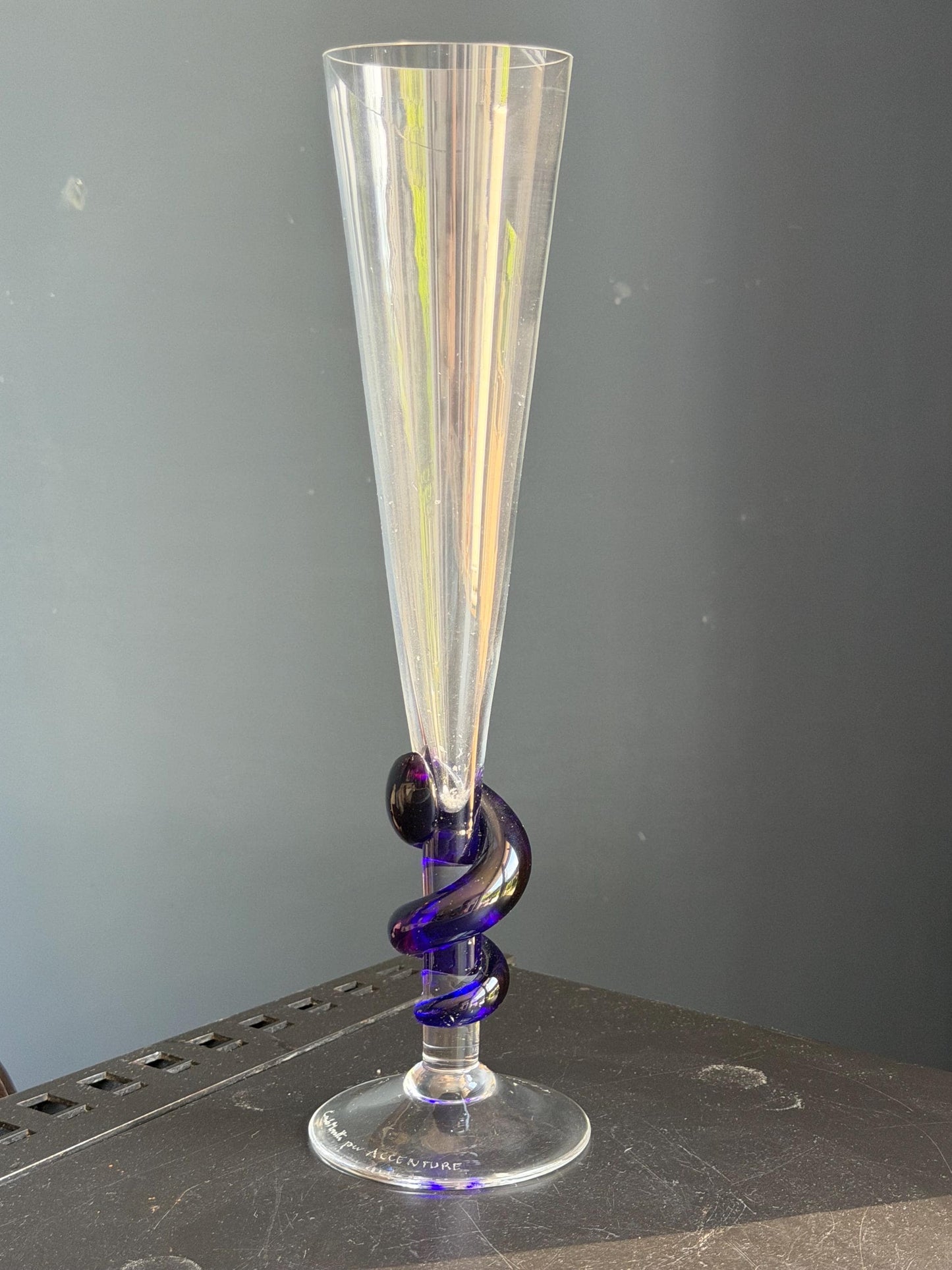 Carlo Moretti Murano Glass Champagne Flute, Hand Engraved, Rare, blue