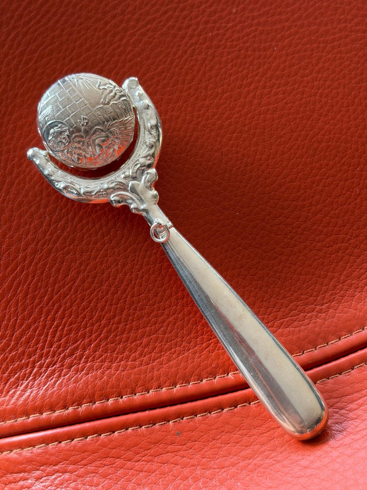 925/1000 sterling silver vintage spanish baby rattle newborn shower christening gift luxury exlusives, christian child is born