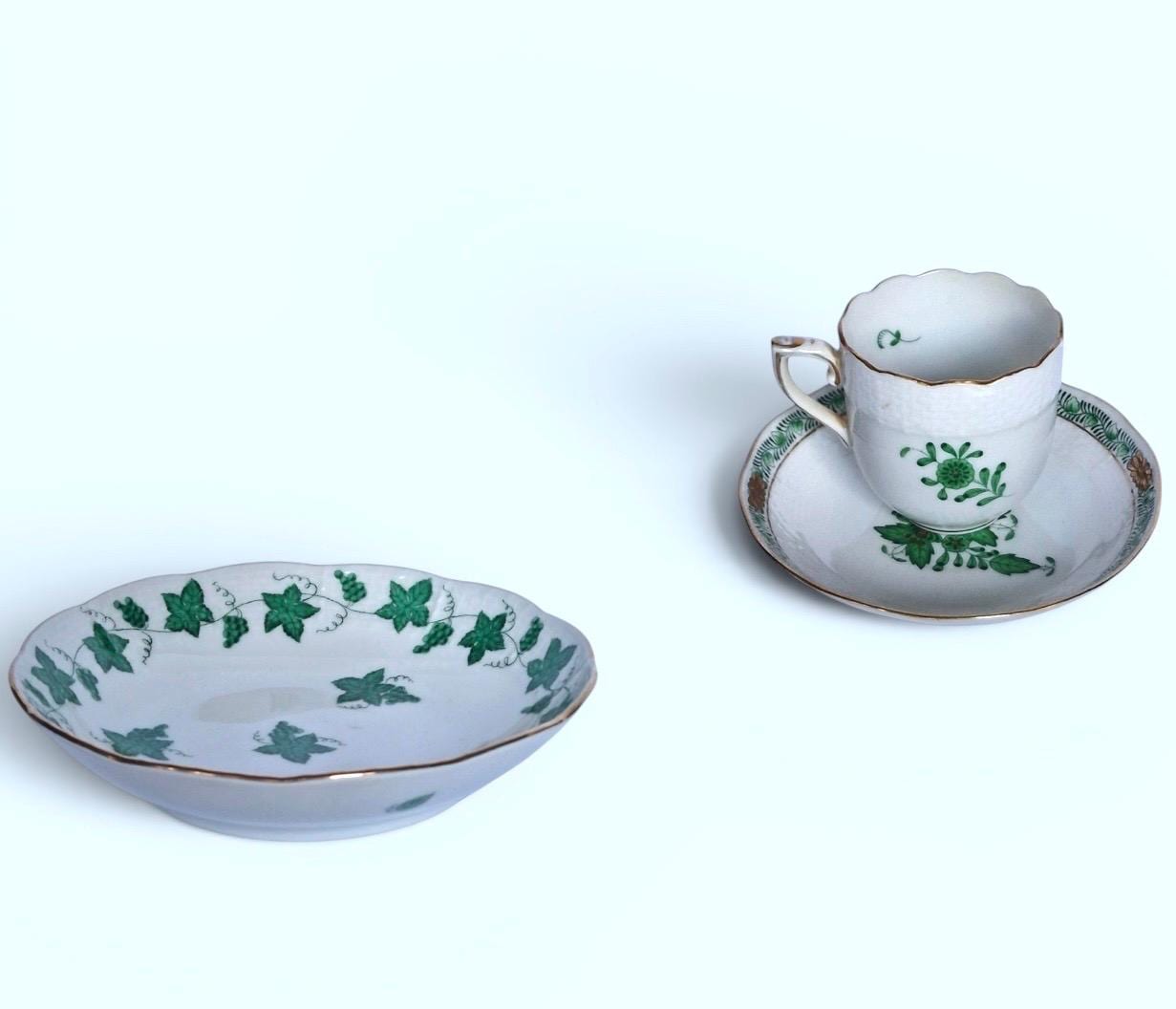 Herend Hungary chocolat presentation dessert coffee dish plus cup saucer Apponyi green Floral Design