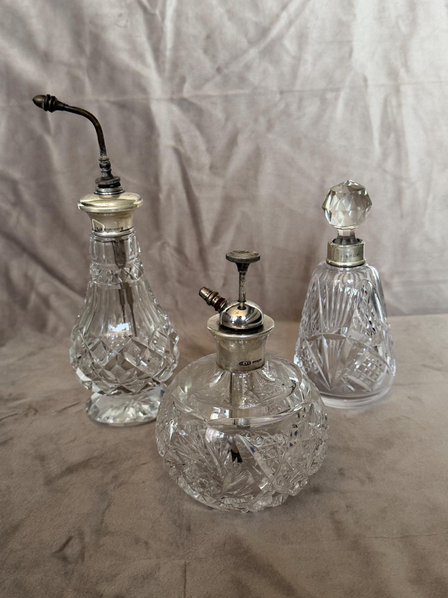 Antique Sterling Silver Crystal Vanity Set Edwardian Perfume Bottles Atomizer Cut Glass Dressing Table Set, 3