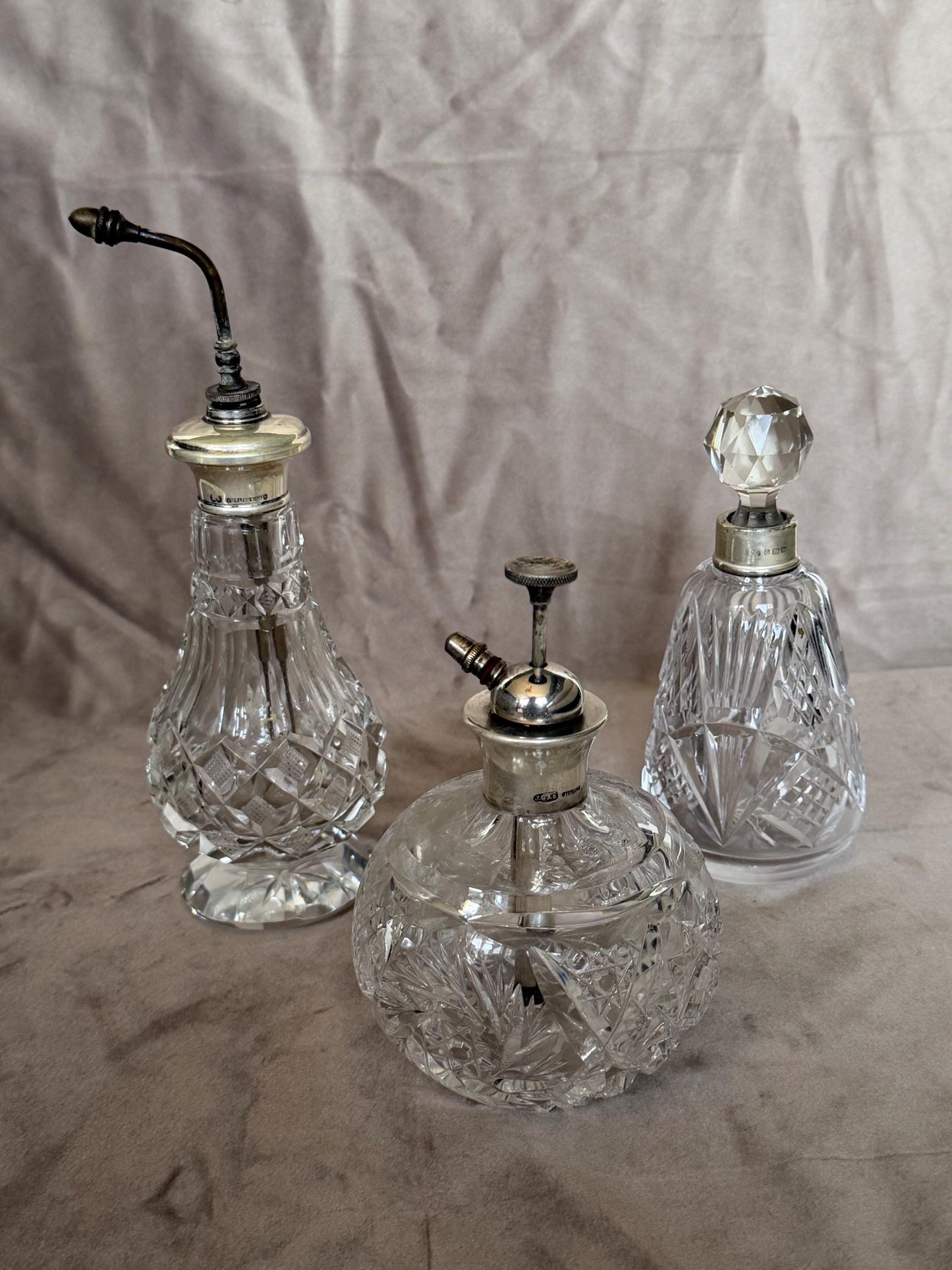 Antique Sterling Silver Crystal Vanity Set Edwardian Perfume Bottles Atomizer Cut Glass Dressing Table Set, 3