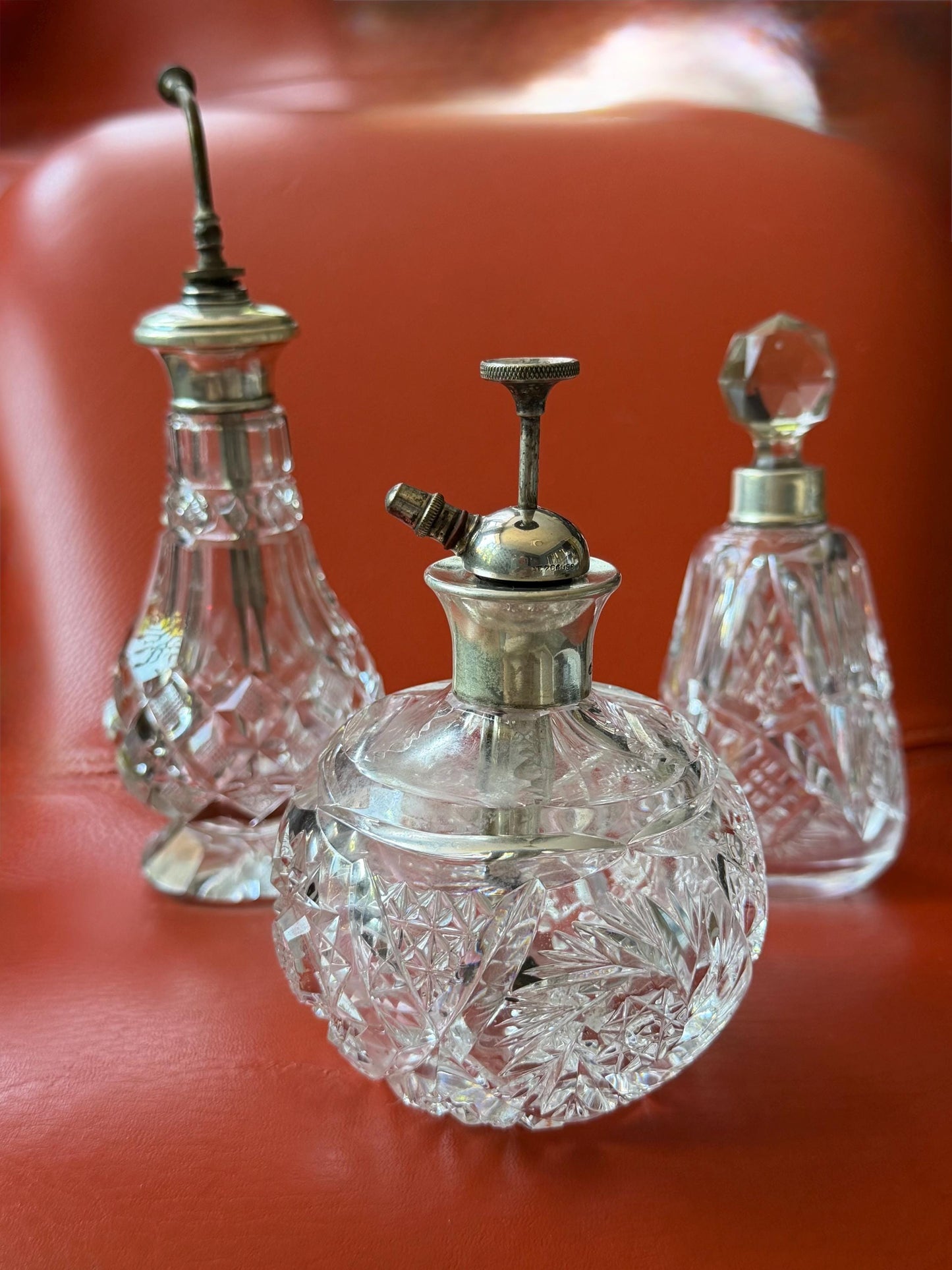 Antique Sterling Silver Crystal Vanity Set Edwardian Perfume Bottles Atomizer Cut Glass Dressing Table Set, 3