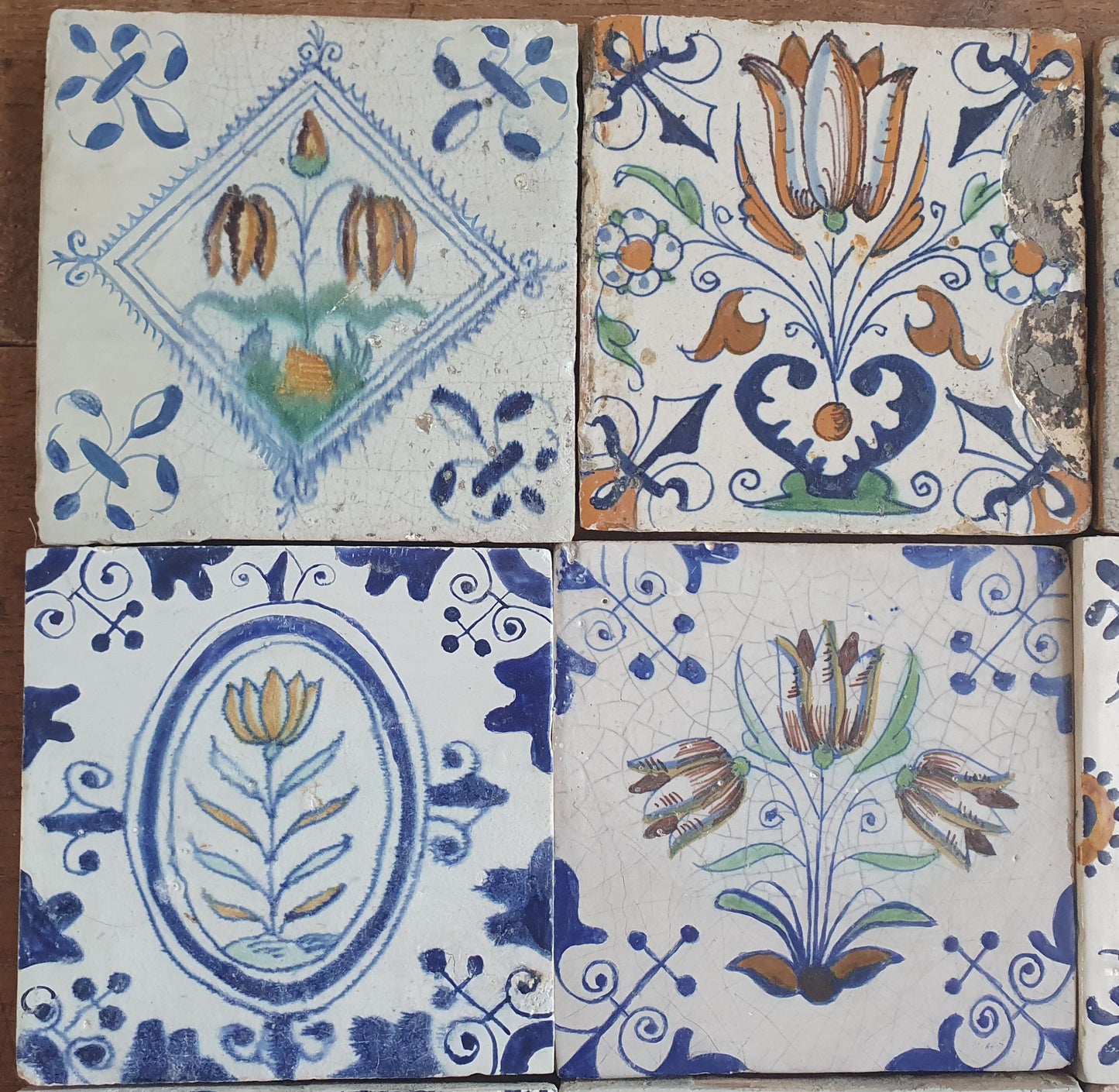 9 x Antique Delft flowers Tiles, 17th Century Dutch Wall Decor.