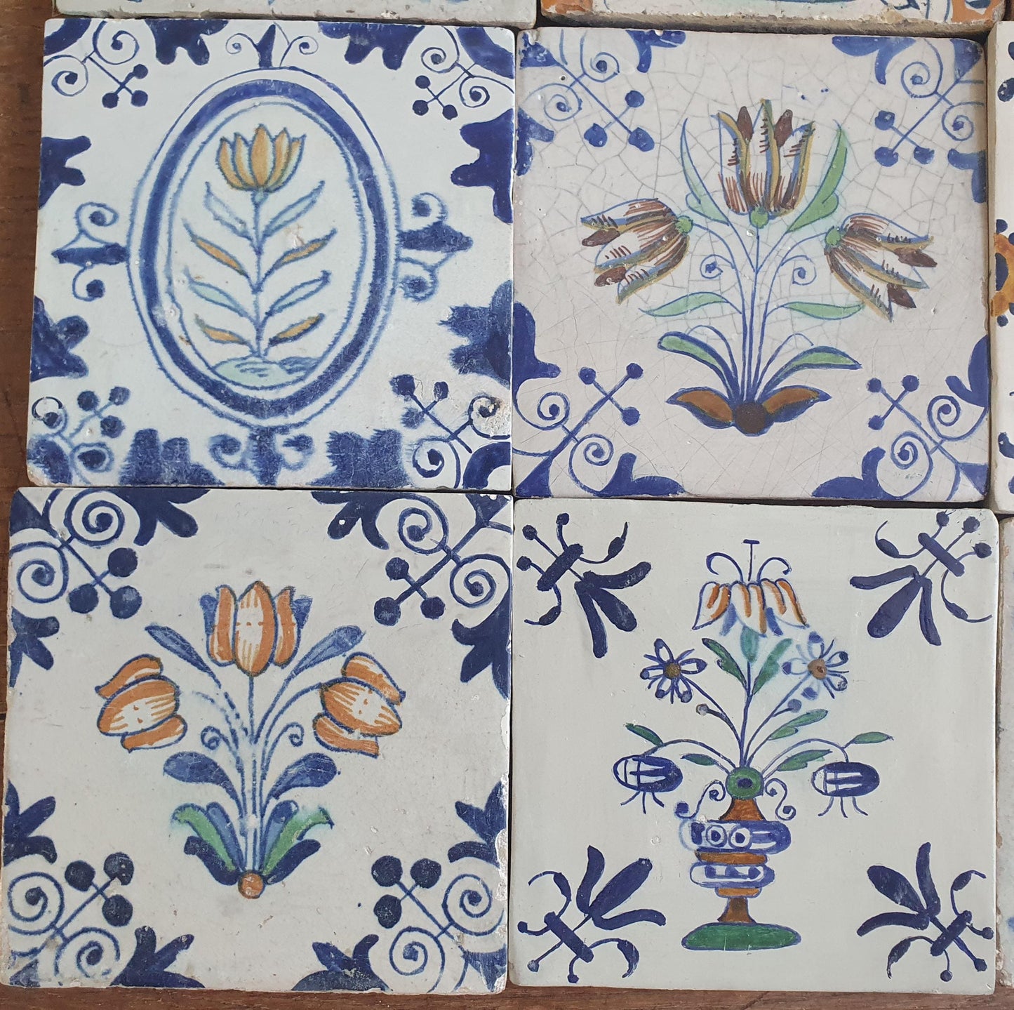 9 x Antique Delft flowers Tiles, 17th Century Dutch Wall Decor.
