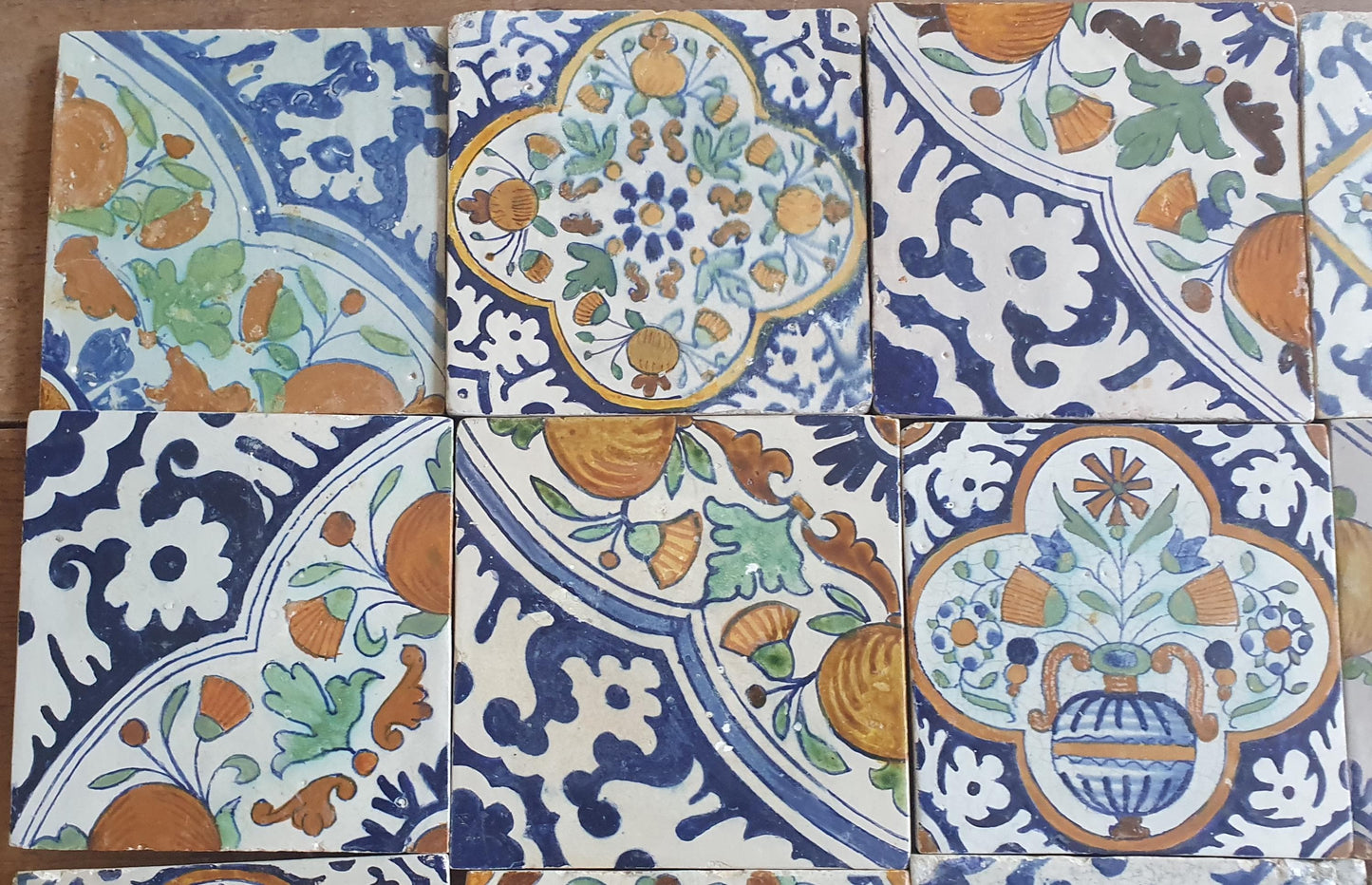 16 x Antique Delft Ornament Tiles, 17th Century Dutch Wall Decor.
