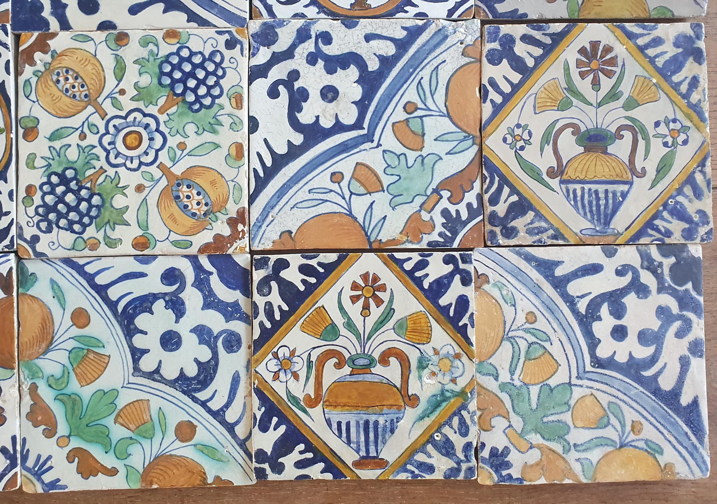 16 x Antique Delft Ornament Tiles, 17th Century Dutch Wall Decor.