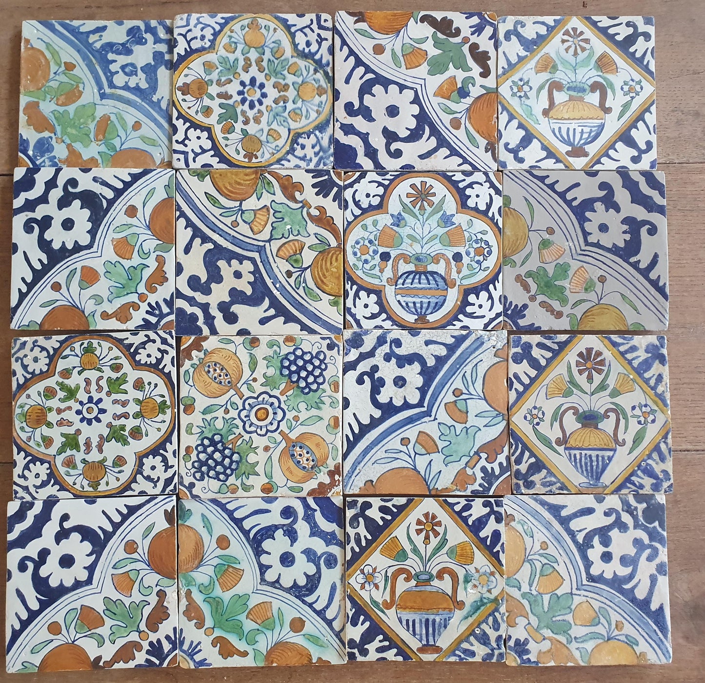16 x Antique Delft Ornament Tiles, 17th Century Dutch Wall Decor.