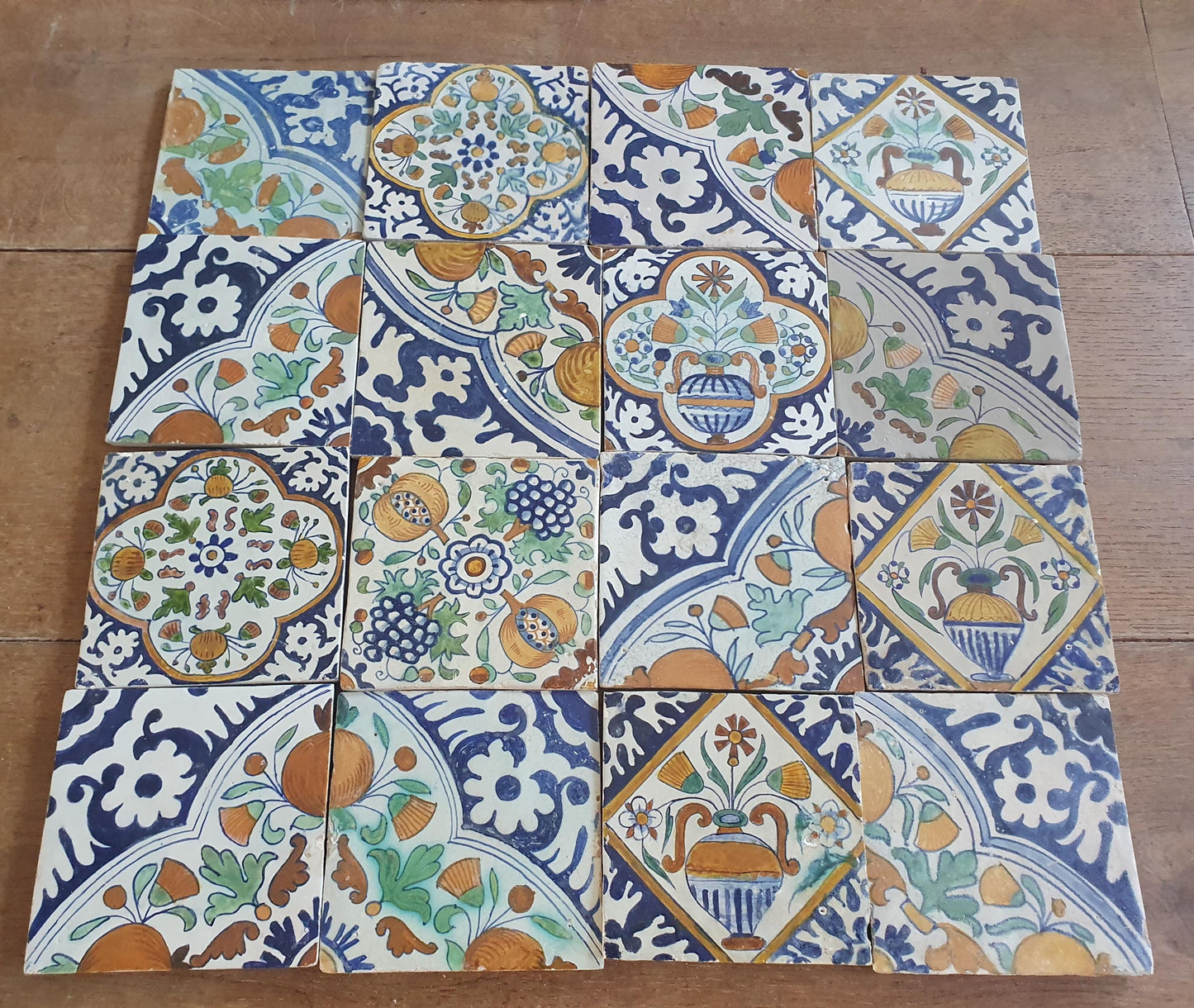16 x Antique Delft Ornament Tiles, 17th Century Dutch Wall Decor.