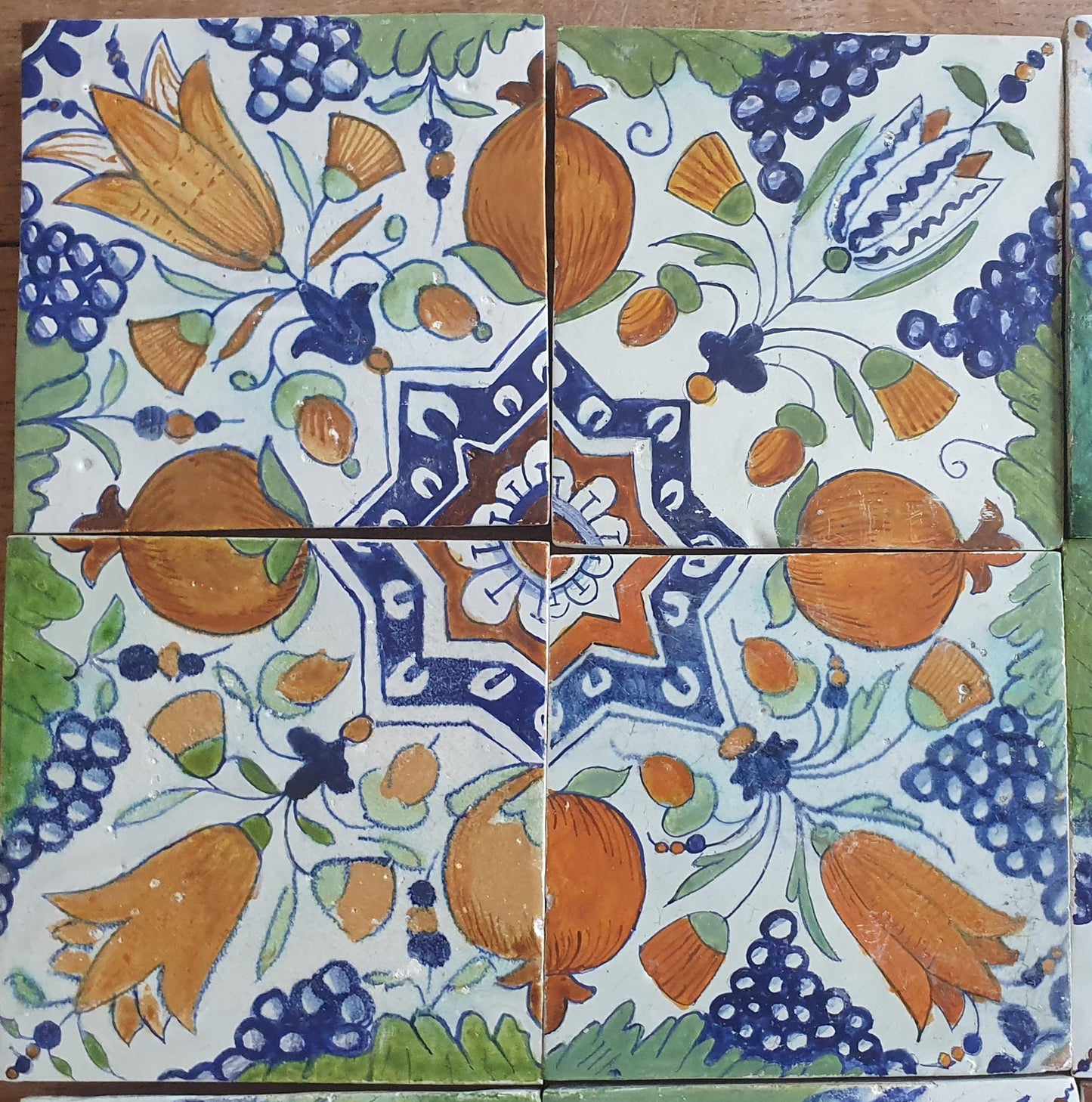16 x Antique Delft Ornament with grape and pomegranate Tiles, 17th Century Dutch Wall Decor.